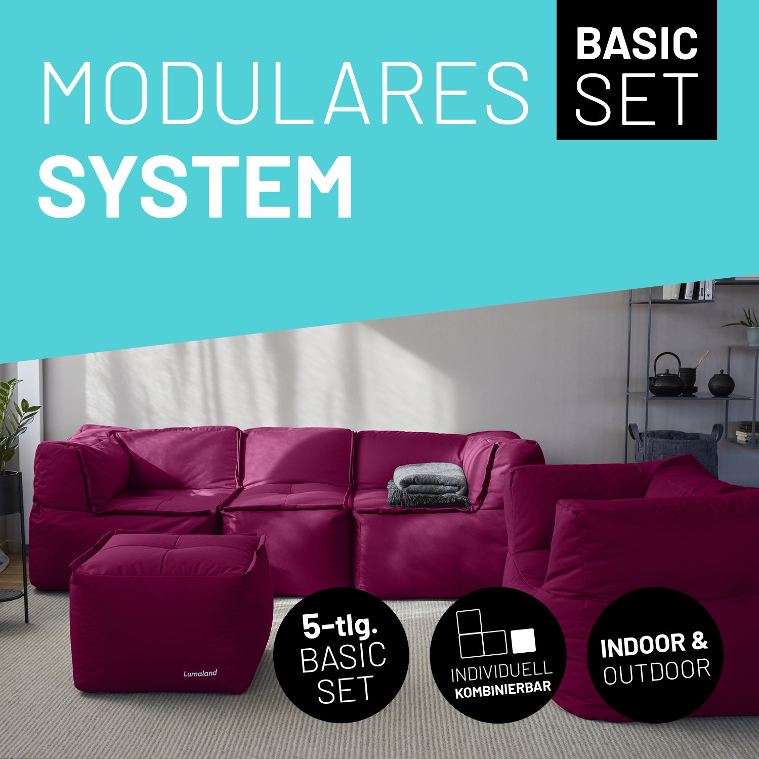 Basic Set (5-tlg.) - Modulares System in Rotwein, 1390 L Volumen, indoor & outdoor, waschbare Bezüge, hochwertige EPS-Füllung