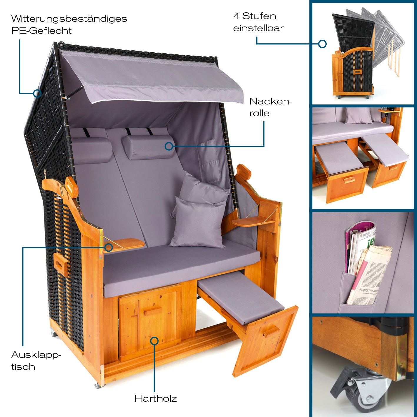 2-Sitzer-Strandkorb (Ostsee) grau/braun mit PE-Geflecht, Hartholz, Nackenrollen, Fußbänken, Klapptisch, höhenverstellbar und Rollen.