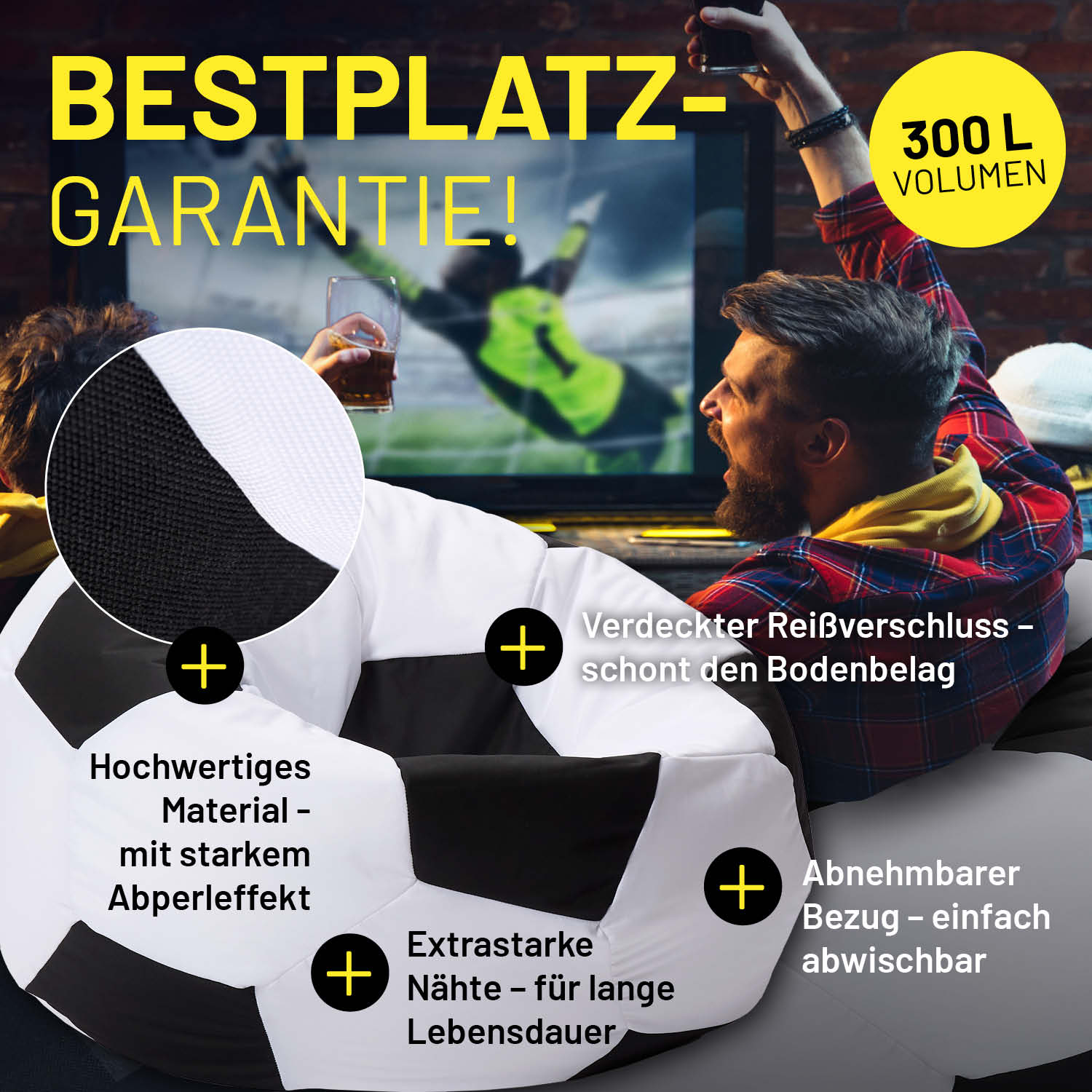 EM 2024 Fan-Lounge 2 + 1 mit 2 XXL-Fußball-Sitzsäcken 300L und Fußball-Kühlbox 41L im coolen Design für Indoor & Outdoor.