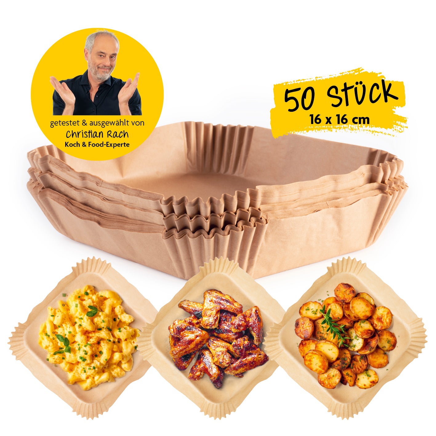 Backpapierschalen für Heißluftfritteusen (2–5 l) 50 Stück 16x16x4,5 cm, hitzebeständig, antihaftbeschichtet, getestet von Christian Rach.