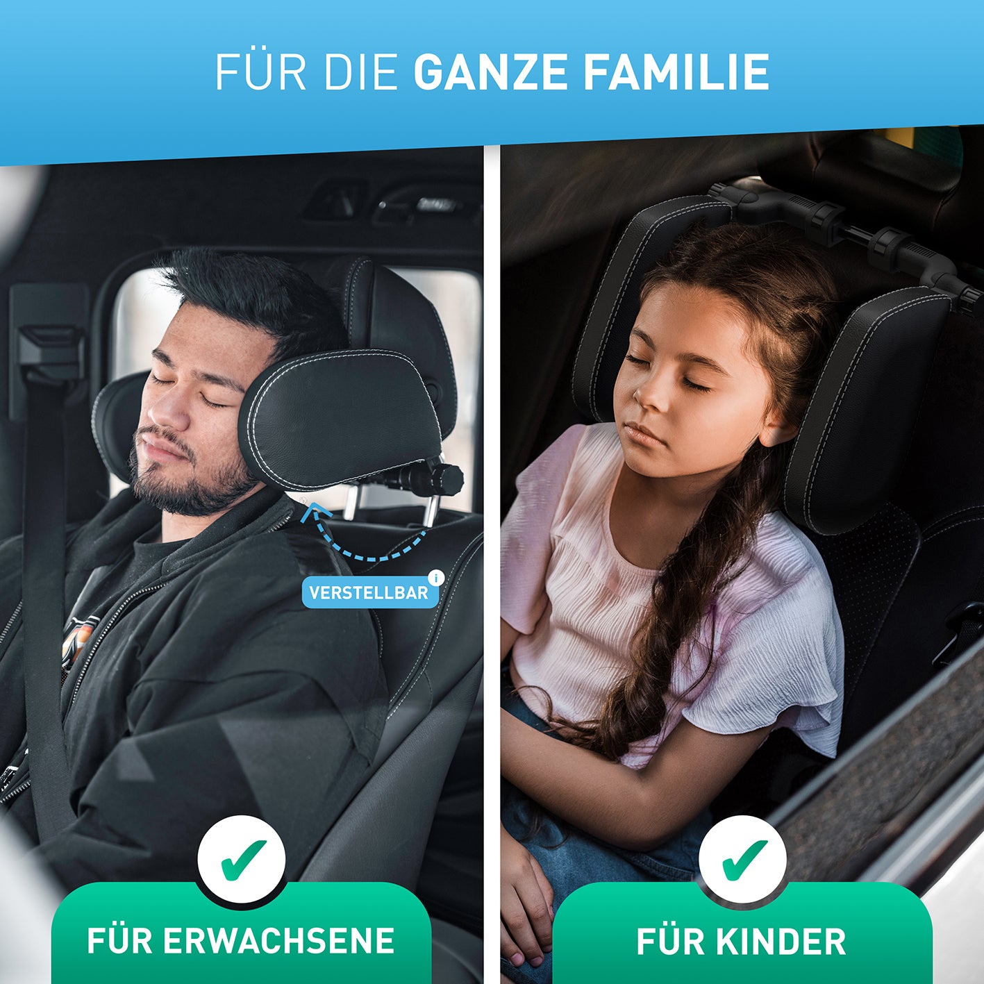 Auto-Kopfstütze - Leder mit weißen Nähten, verstellbar und komfortabel für Erwachsene und Kinder im Auto.