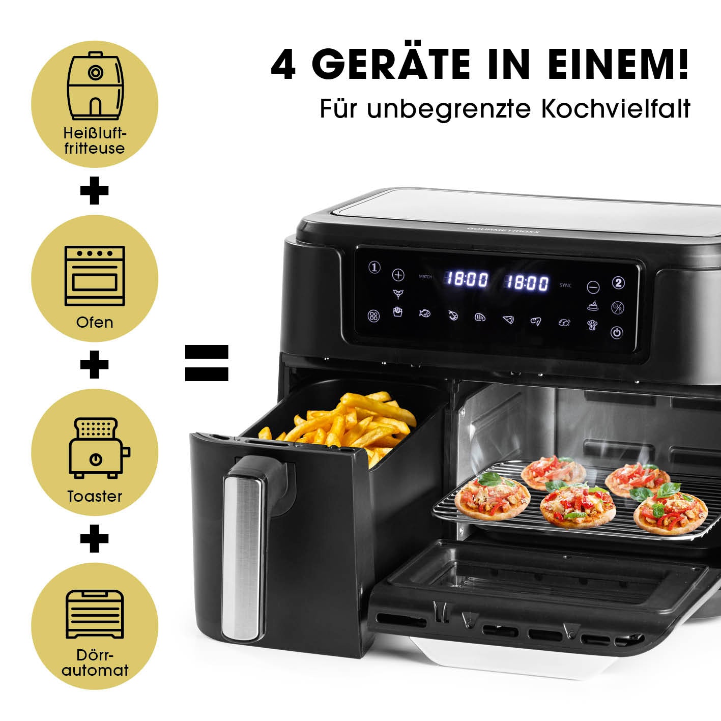 4-in-1-Heißluftfritteuse - Fritteuse, Ofen, Grill & Dörrautomat mit Touchdisplay und 10 voreingestellten Programmen.