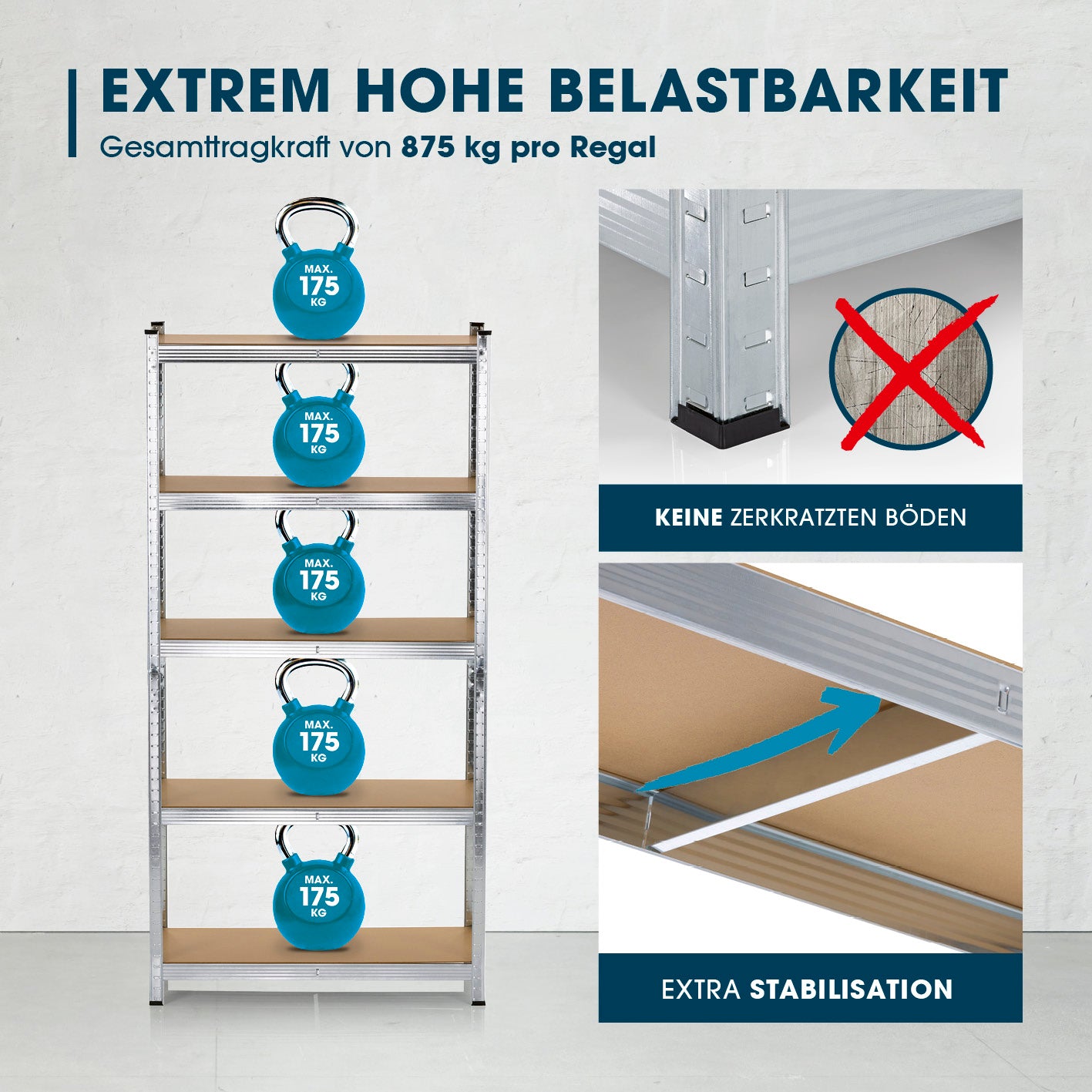 Schwerlastregal & Werkbank mit GS, 5 MDF-Böden je 175 kg Tragkraft, stabile Regale, einfache Montage, 180 x 90 x 40 cm.