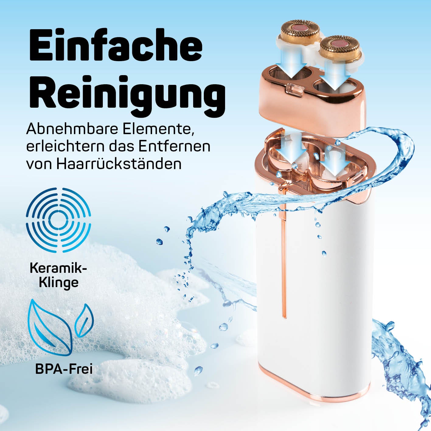 Mini-Damenrasierer mit abnehmbaren Elementen, keramischer Klinge und einfacher Reinigung, BPA-frei, für sanfte Haarentfernung.