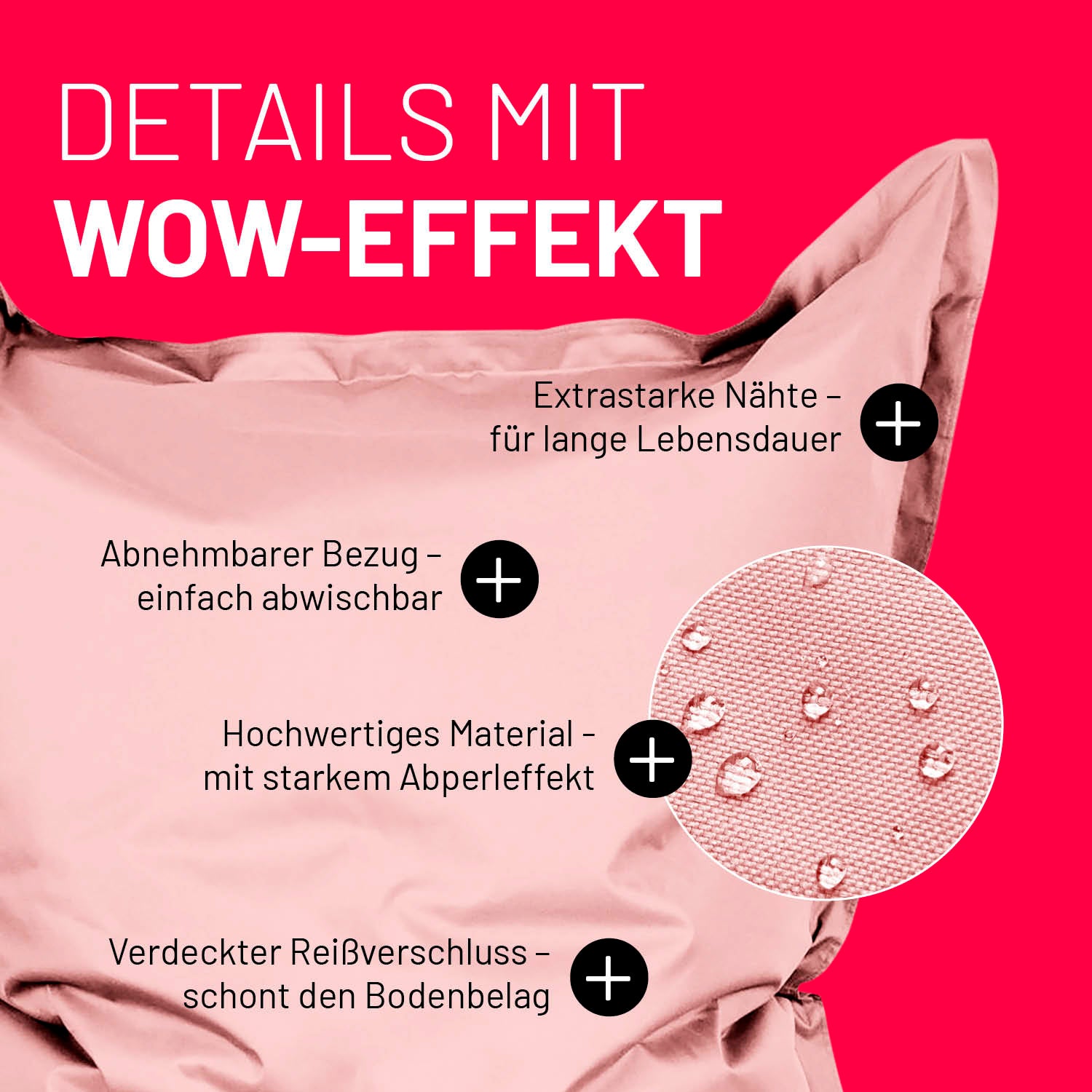 Sitzsack Classic XXL (380 L) - indoor & outdoor - Pastell Pink mit abnehmbarem Bezug, starkem Abperleffekt und verdecktem Reißverschluss.
