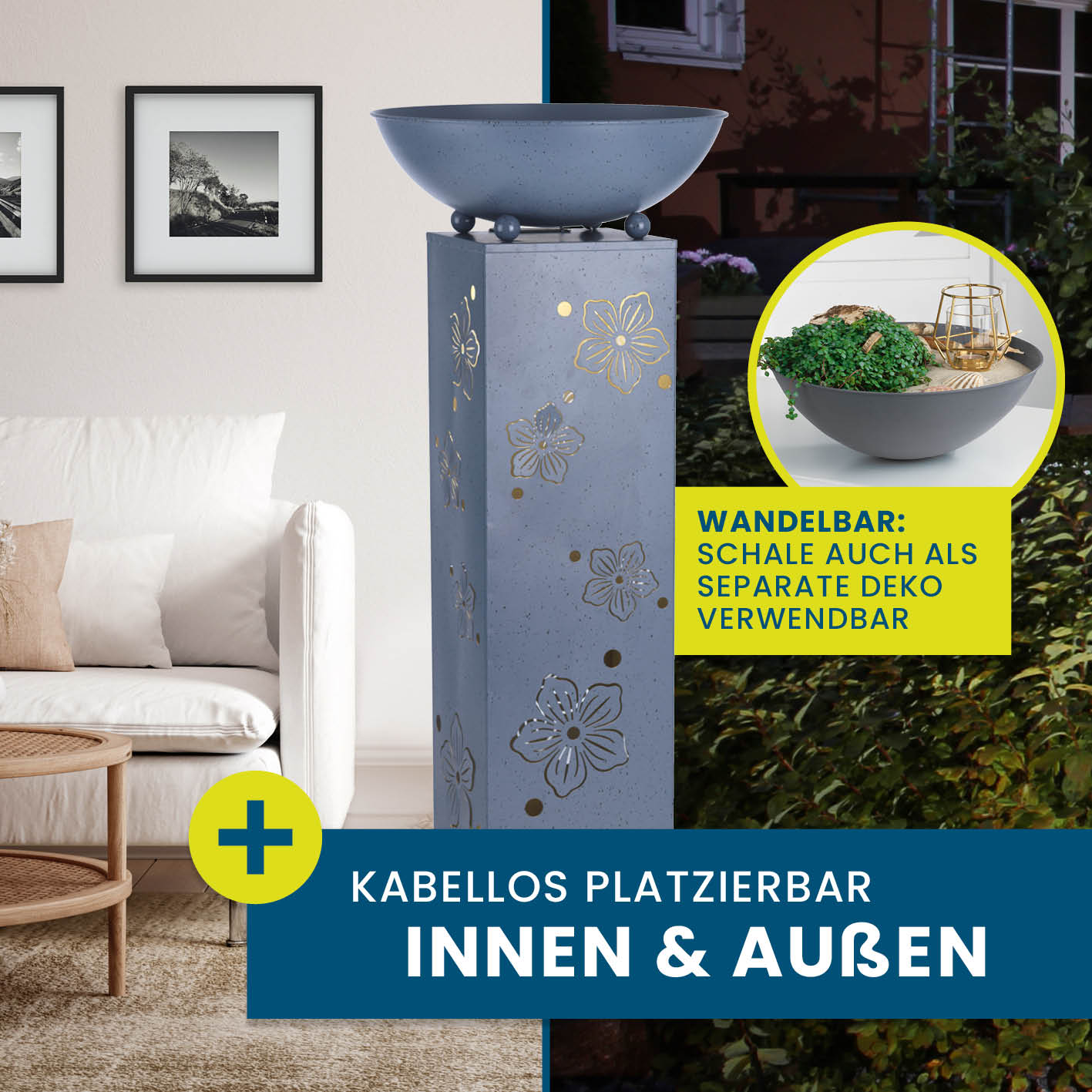 LED Pflanzsäule "Blume" in 3D Beton-Optik mit LED, abnehmbarer Pflanzschale, kabellos innen & außen platzierbar.