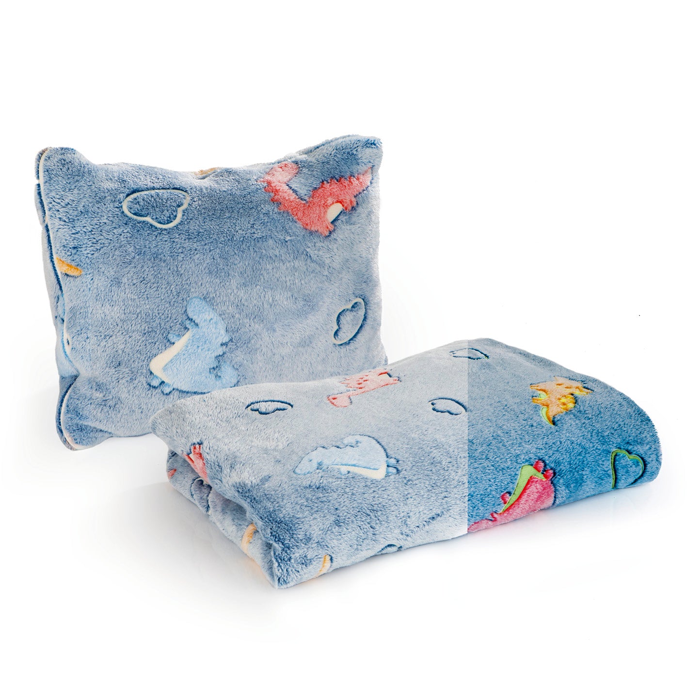 Verwandlungskissen Glow in the dark - Kuschelkissen & Kuscheldecke - Dino mit weichem Flanell und leuchtenden Dinos im Dunkeln