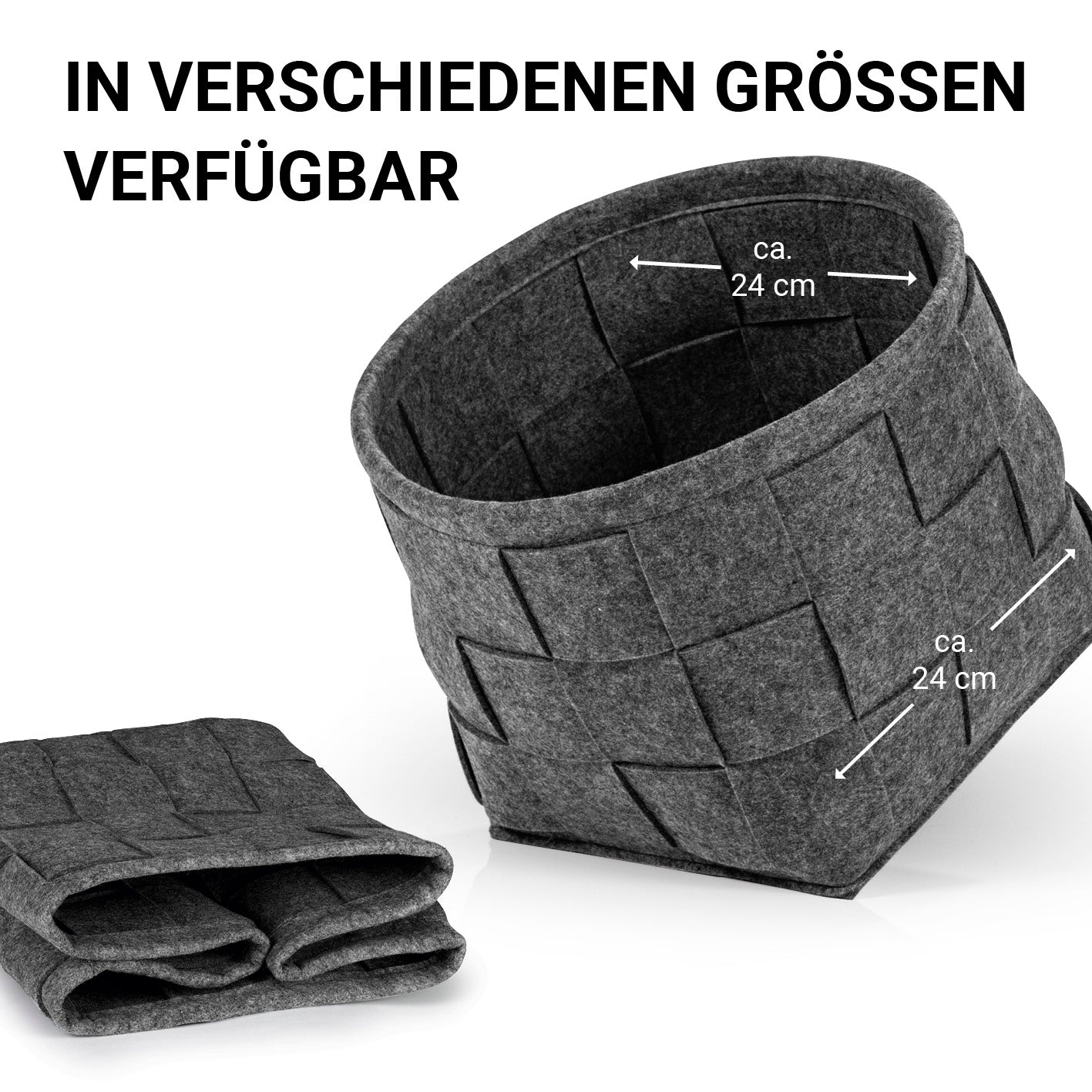 Filz-Aufbewahrungskorb S - 24 x 24 x 24 cm - Dunkelgrau faltbar, strapazierfähig, schonend für Böden, vielseitig im Haushalt einsetzbar.