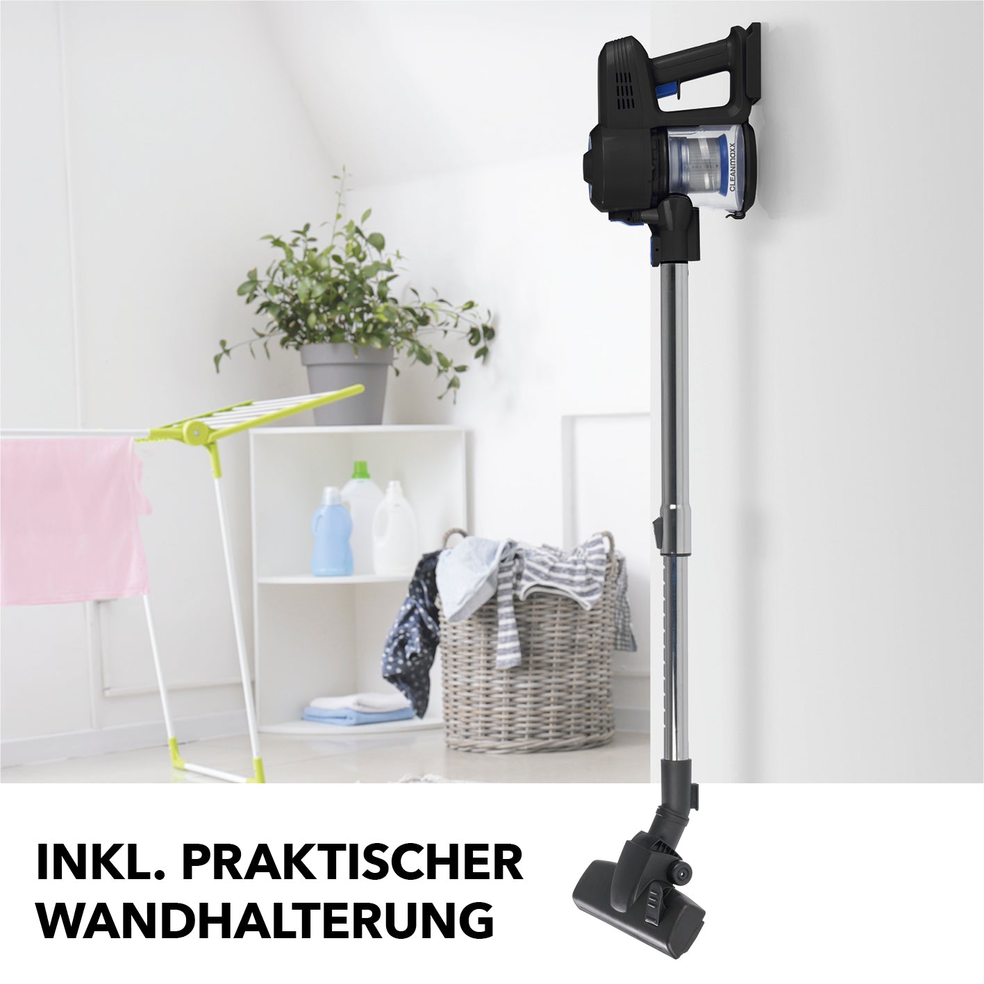 Zyklon-Staubsauger - schwarz/blau mit praktischem Wandhalter, verstellbarem Teleskoprohr und vielseitigen Düsen für einfache Reinigung.