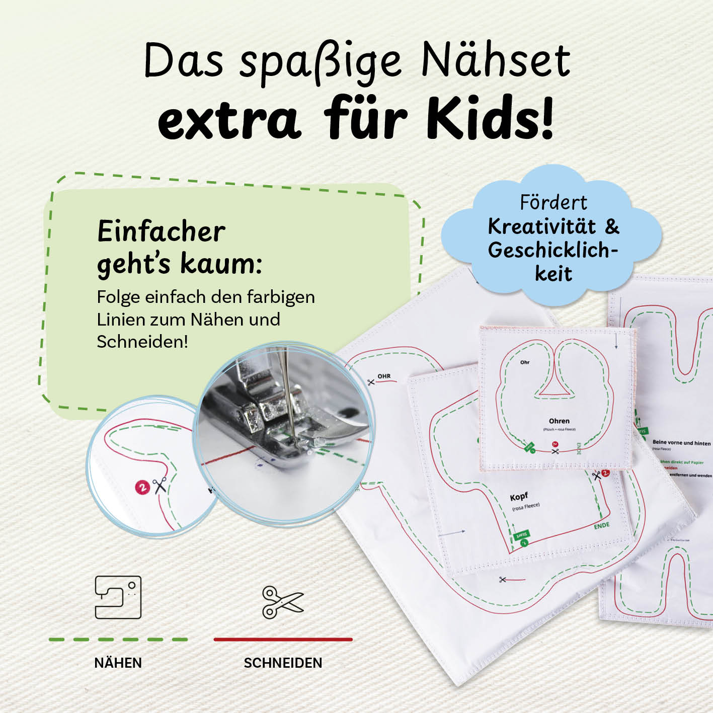 Näh-Baukastenset Motiv Alpaka Anton für Kinder, einfach nähen lernen mit Schritt-für-Schritt-Anleitung und farbigen Nählinien.