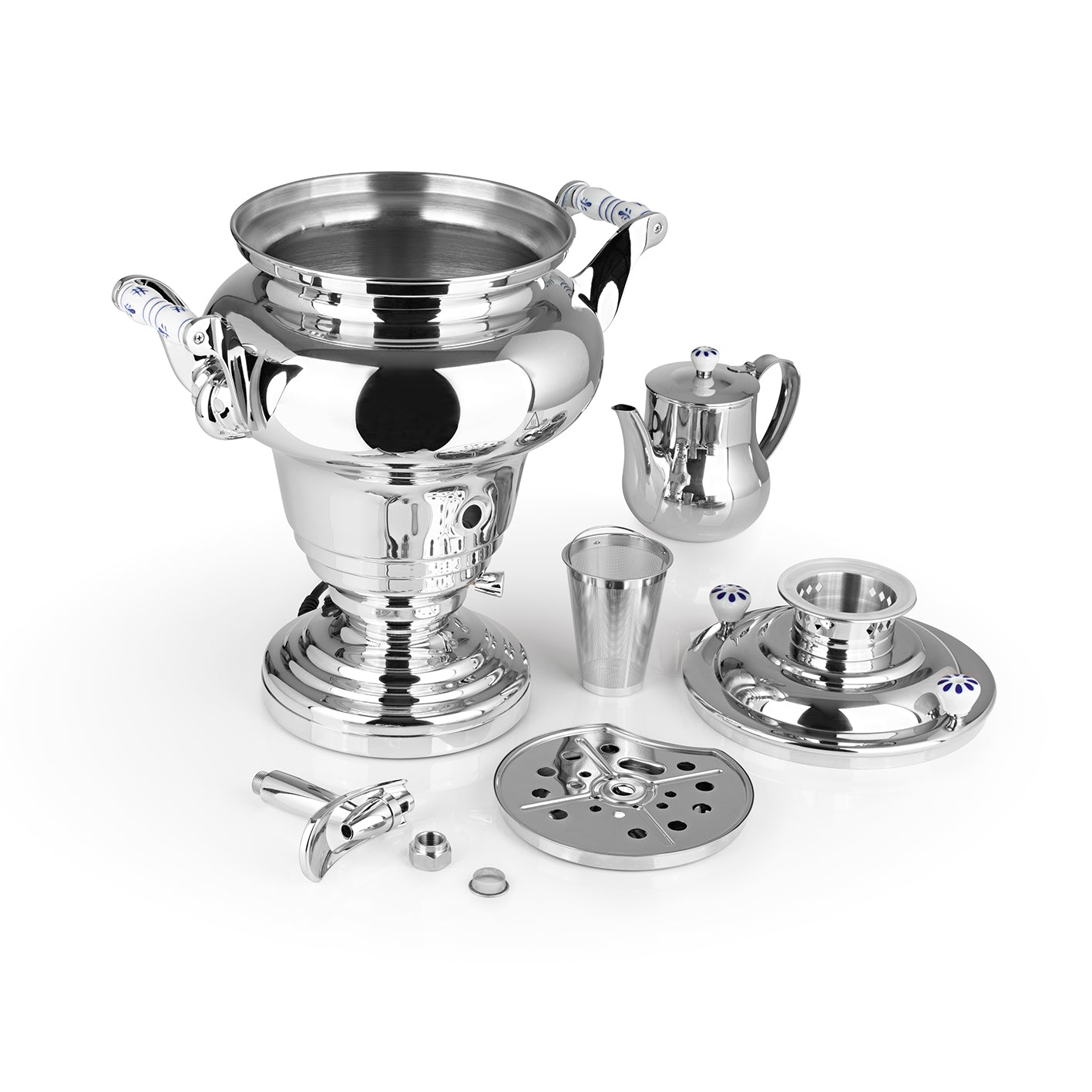 ROYAL+ Samowar - 15 L elektrischer Edelstahl-Samowar mit Teekanne, Dispenser und Abtropfschale für Tee und Wasser.
