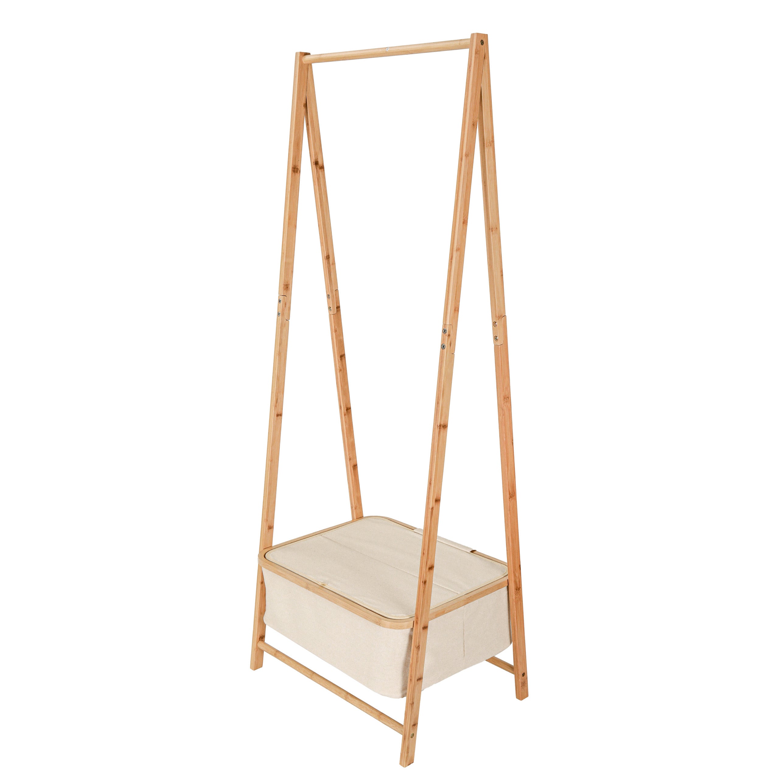 Kleiderständer aus Bambus - 159 x 60 x 45 cm - Beige, stabil mit Ablagefach, moderner Bambus-Look von Lumaland für Jacken und Schuhe.
