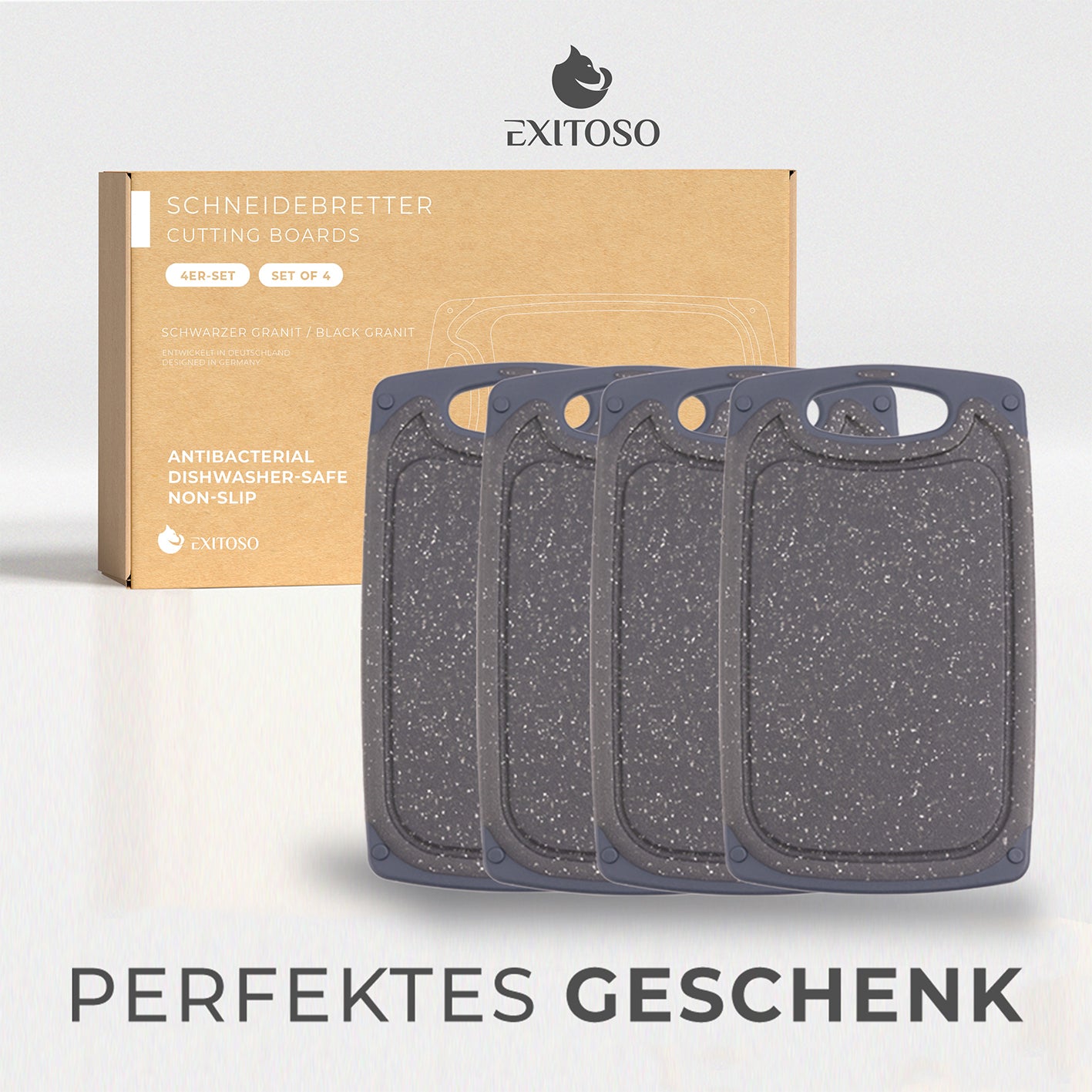 Frühstücksbrettchen - 4er-Set - Marmoroptik Schwarz, rutschfest, spülmaschinengeeignet, BPA-frei, vielseitig für Frühstück und Schneiden.