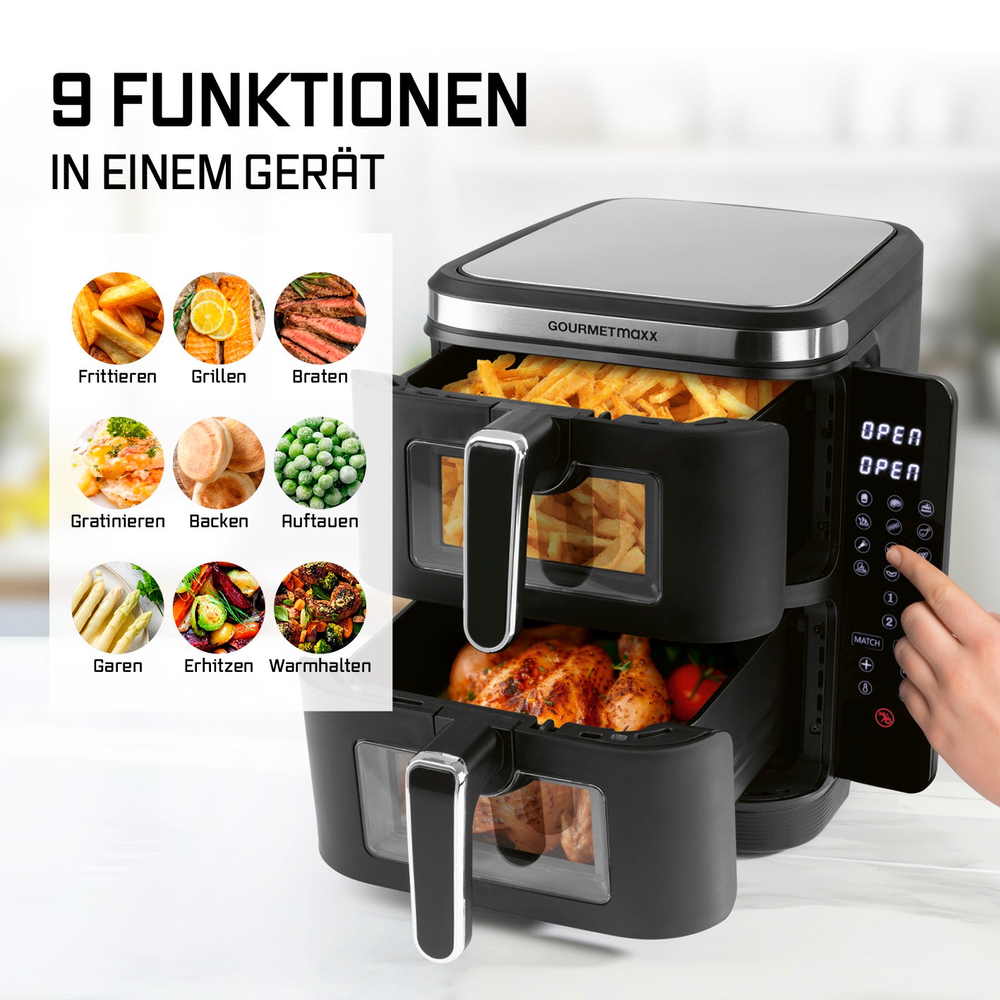 FryUp Vertikale Doppelkammer-Heißluftfritteuse mit Sichtfenster