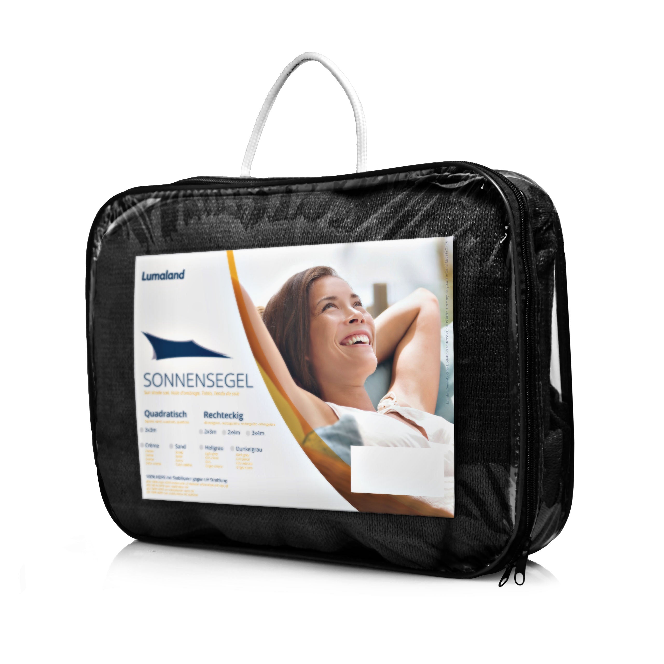 Sonnensegel 100% HDPE mit Stabilisator für UV-Schutz - Rechteck 5 x 6 Meter - Schwarz in praktischer Transporttasche verpackt.
