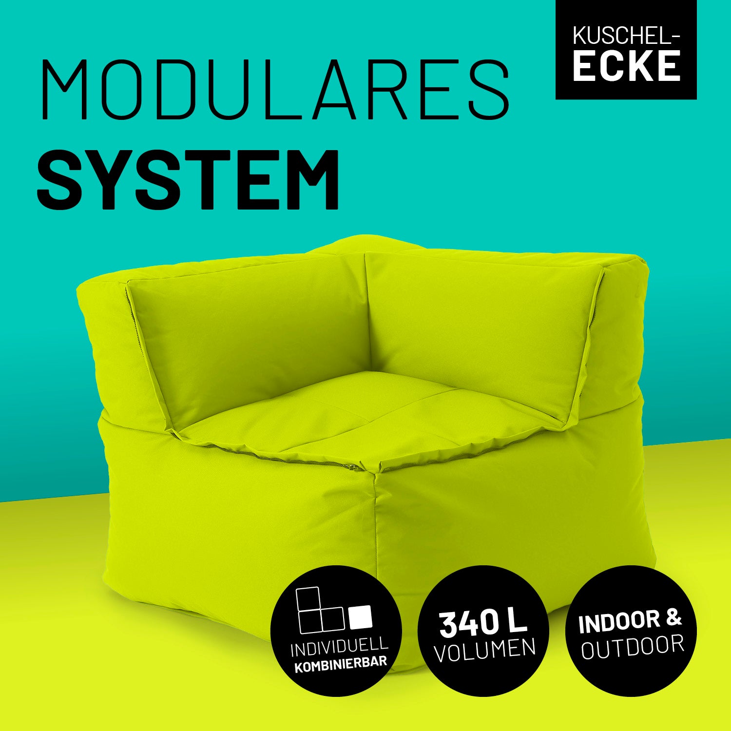 Sitzsack-Sofa Ecke (340 L) Apfelgrün, modulares System, indoor & outdoor, extrastark, pflegeleicht, mit verdeckten Reißverschlüssen.