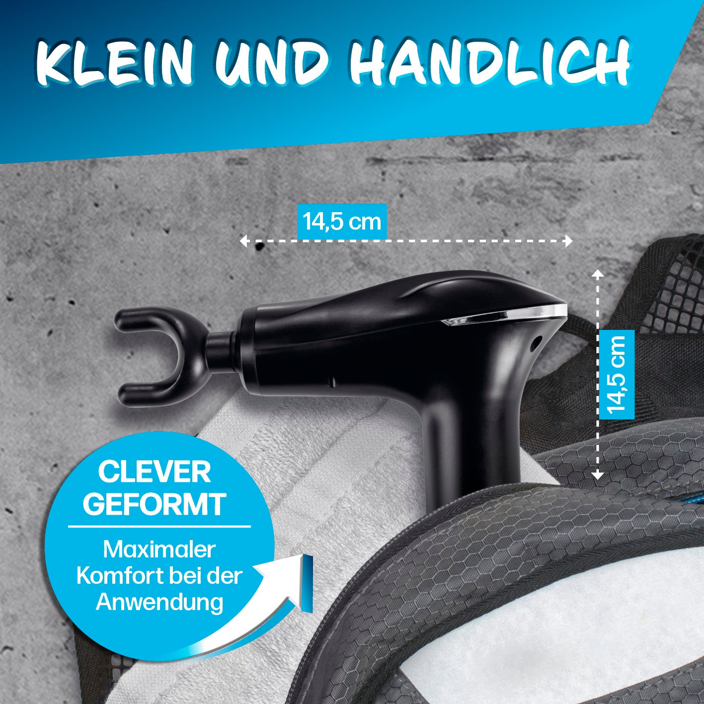 Mini Massage Gun mit 4 Aufsätzen, kompakt, ergonomisch geformt für maximalen Komfort und einfache Anwendung, 14,5 cm groß.