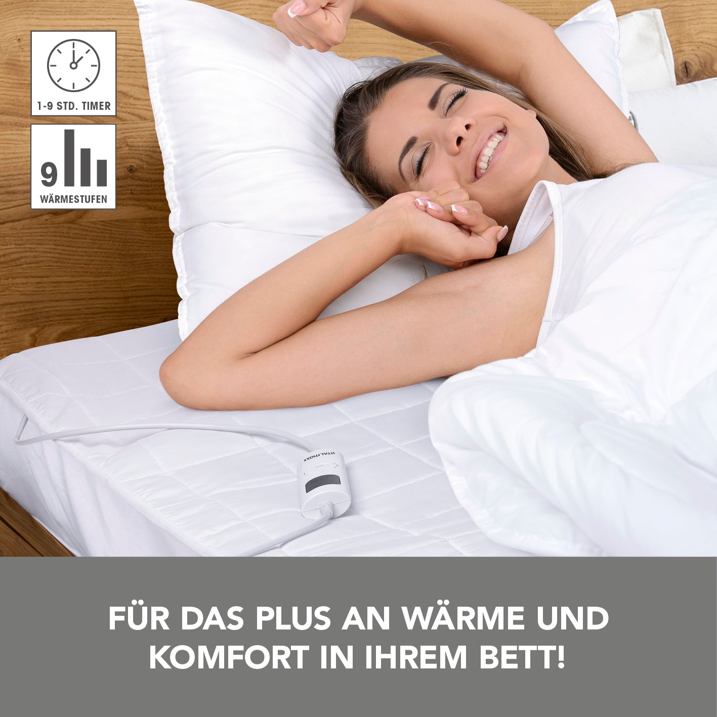 Wärmeunterbett - 9 Wärmestufen - 200x95x30cm - weiß mit Timer und Gummizug für rutschfreien Halt auf dem Einzelbett.
