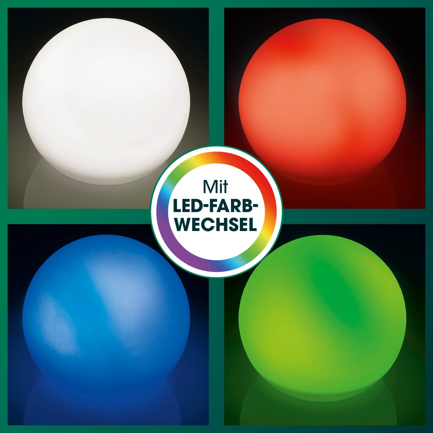 Solar-Dekokugel mit Farbwechsel - 4er-Set zeigt LED-Leuchtkugeln in verschiedenen Farben für stimmungsvolle Beleuchtung.