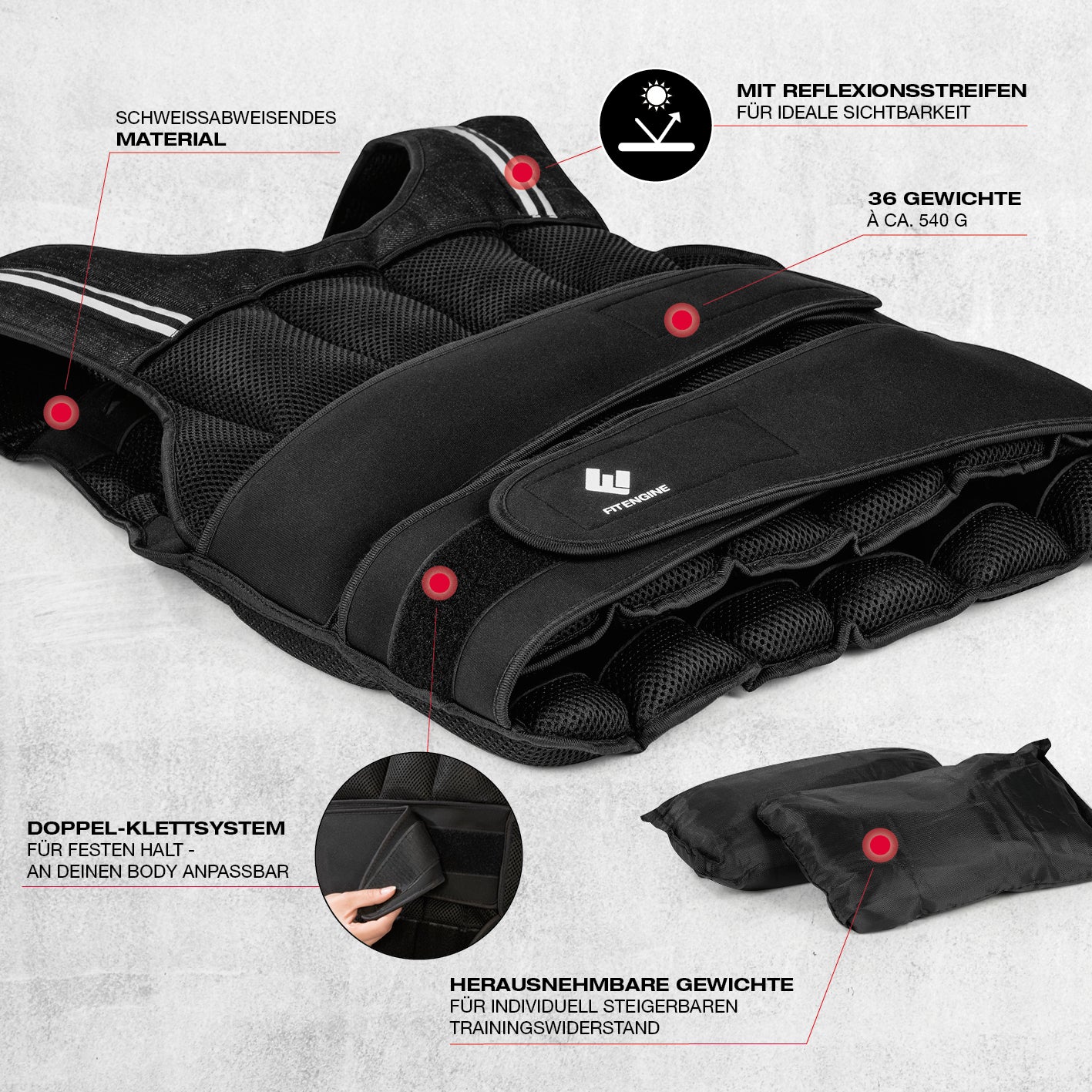Gewichtsweste - 20 kg mit 36 herausnehmbaren Gewichten, verstellbarem Doppel-Klettverschluss und schweißabweisendem Material für intensives Training.