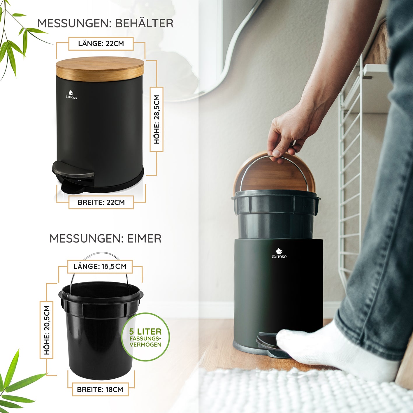 Tretmülleimer mit Softclose-Deckel - 5 l - Schwarz, matt pulverbeschichtet, mit Bambusdeckel und Inneneimer zum leichten Entleeren.