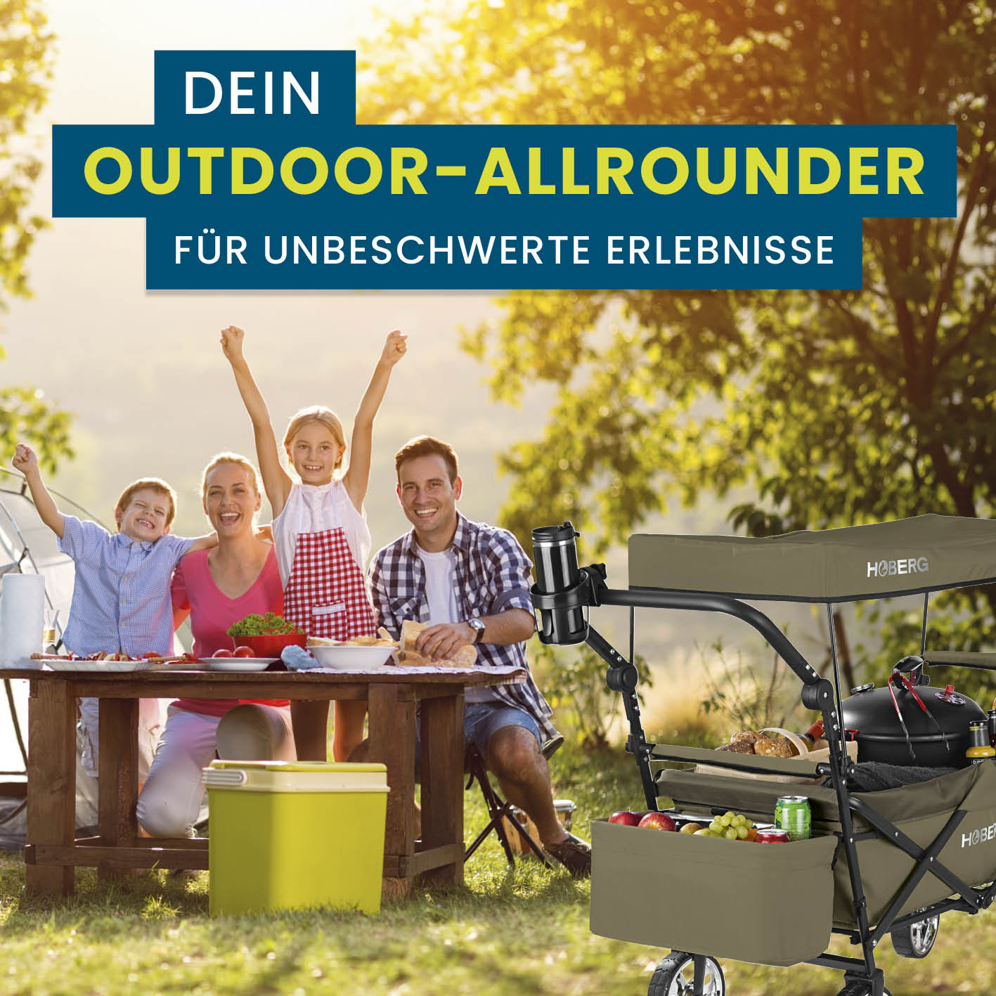 Faltbarer Bollerwagen - Beige von HOBERG mit robustem Nylonbezug, wasserfestem Dach und praktischem Getränkehalter für Outdoor-Ausflüge.