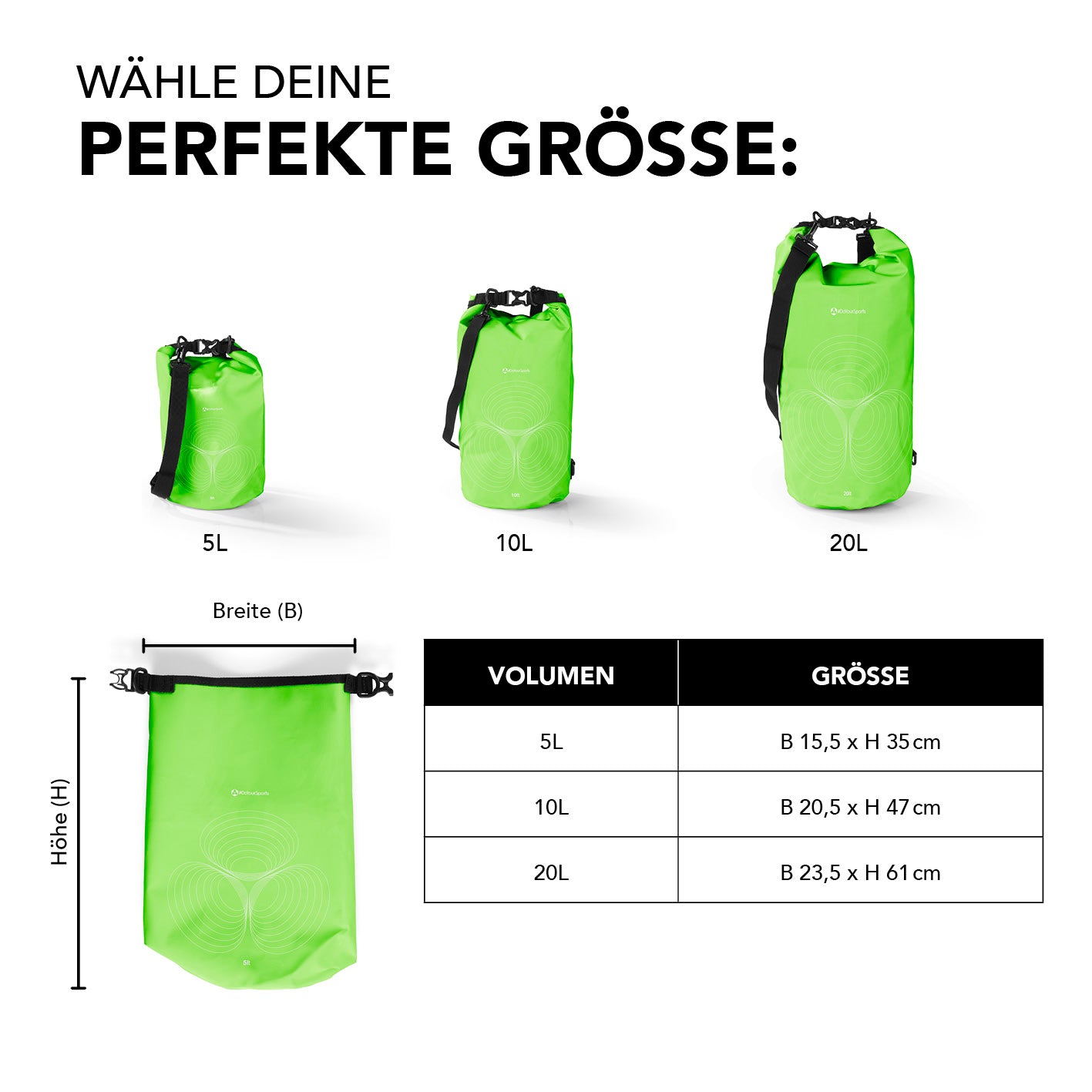 Dry Bag 5L - Grün wetterfester, robuster Outdoor-Rucksack mit wasserdichtem Rolltop und verstellbarem Schultergurt.