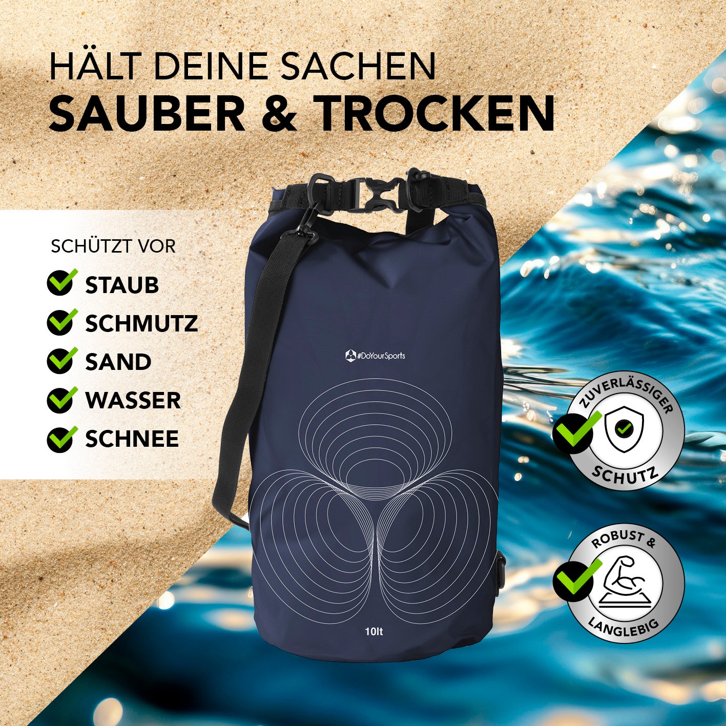 Dry Bag 10L - Dunkelblau mit wasserdichtem Rolltop, robust, schützt vor Staub, Schmutz, Sand, Wasser und Schnee für Outdoor-Einsätze.