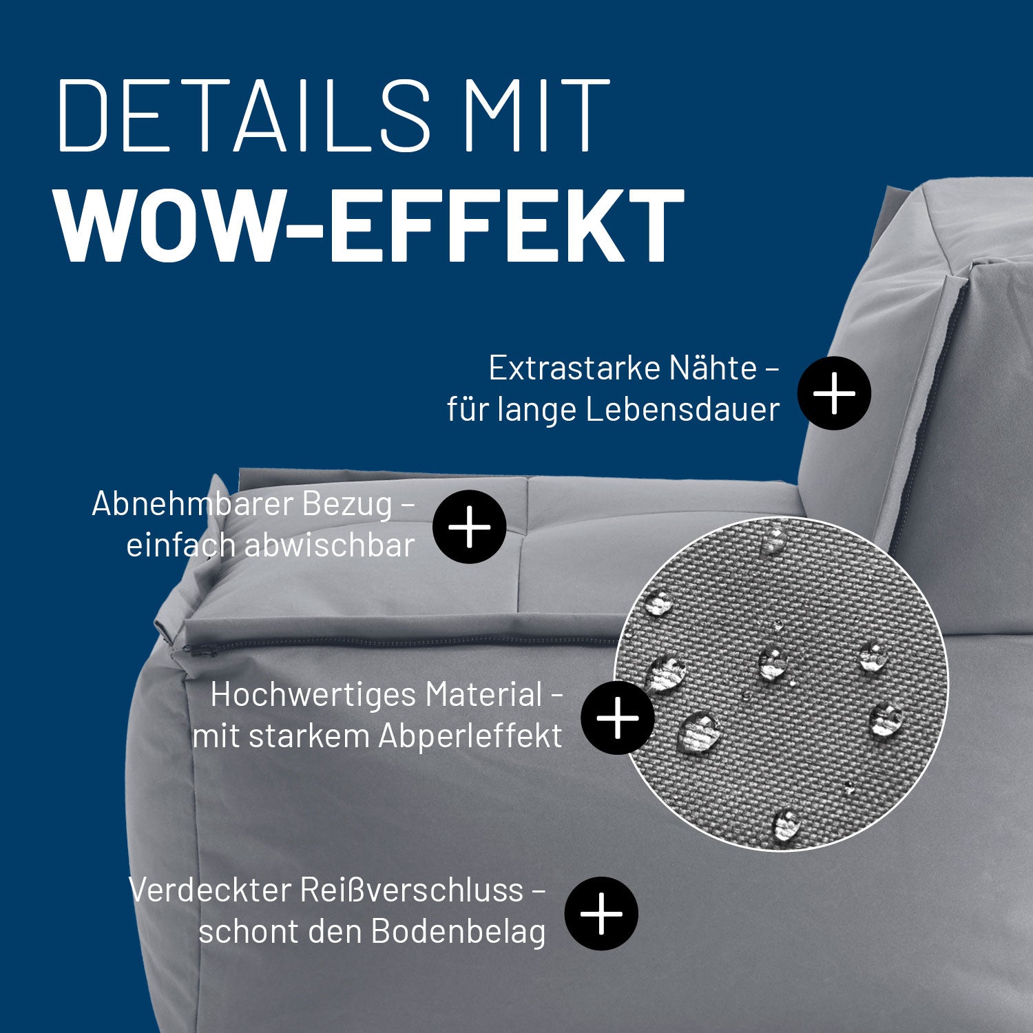 Sitzsack-Sofa Mittelstück (200 L) Grau mit abnehmbarem Bezug, abperleffekt, verdecktem Reißverschluss und extrastarken Nähten.