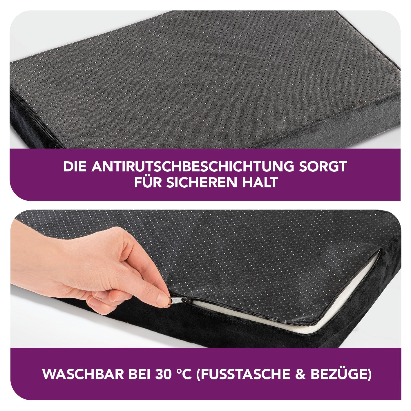 2-in-1-Fußstütze mit Antirutschbeschichtung und abnehmbarer, bei 30 °C waschbarer Flauschfaser-Fußtasche.
