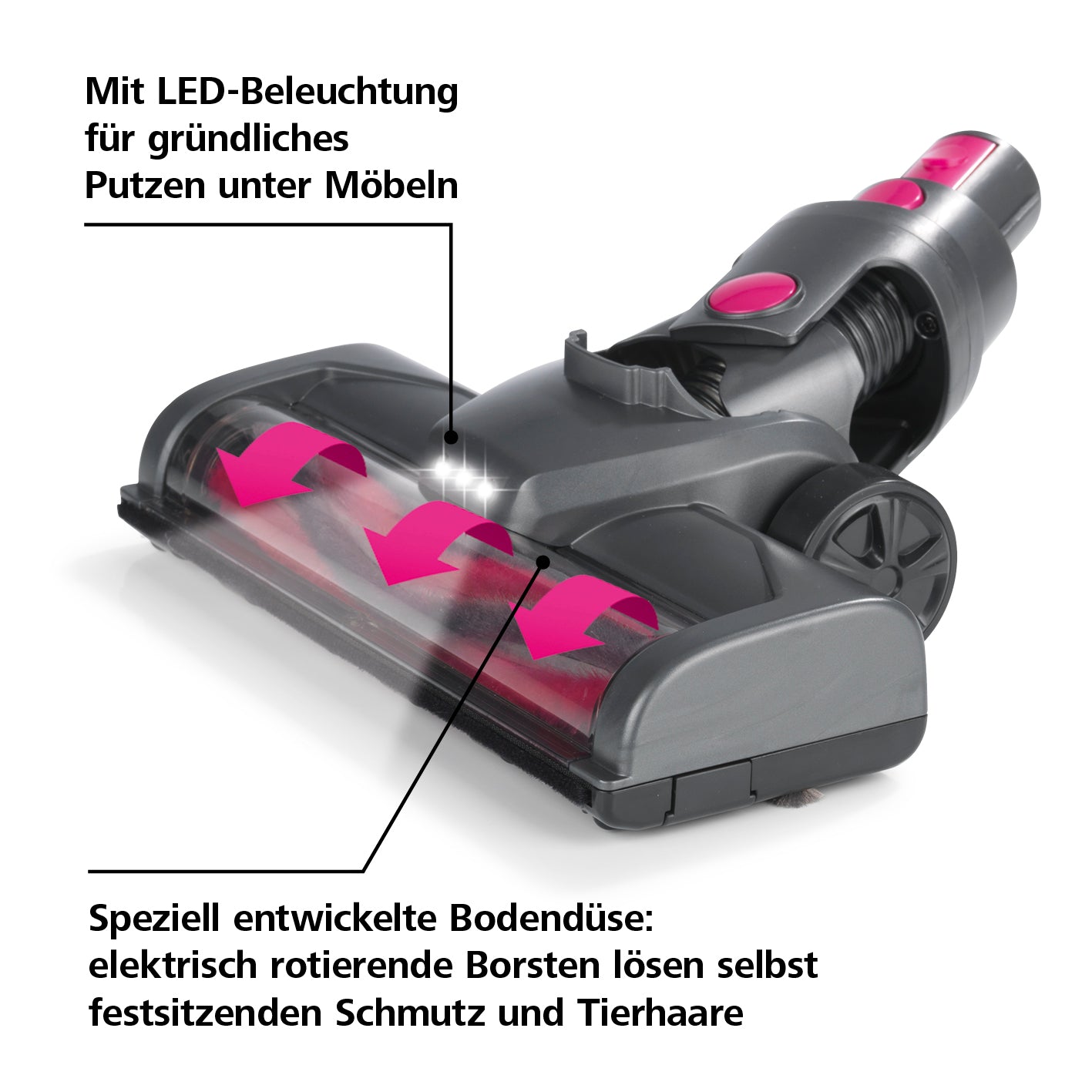 Akku-Zyklon-Staubsauger - anthrazit/pink mit LED-Beleuchtung und Power Rotation Bodendüse für Tierhaare und Schmutz.