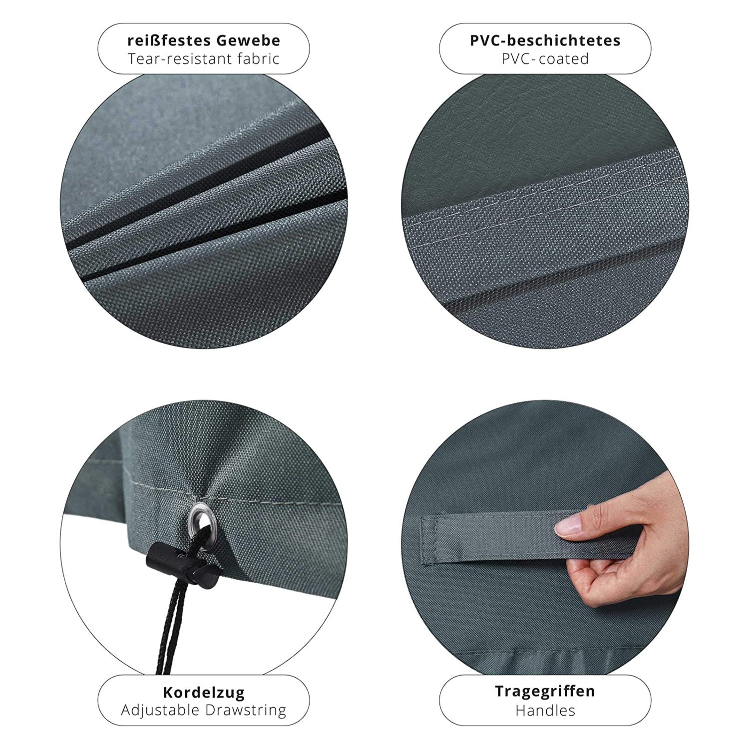 Abdeckplane für Gartenmöbel - 200 x 160 x 70 cm, grün/grau aus reißfestem, PVC-beschichtetem Gewebe mit Kordelzug und Tragegriffen.