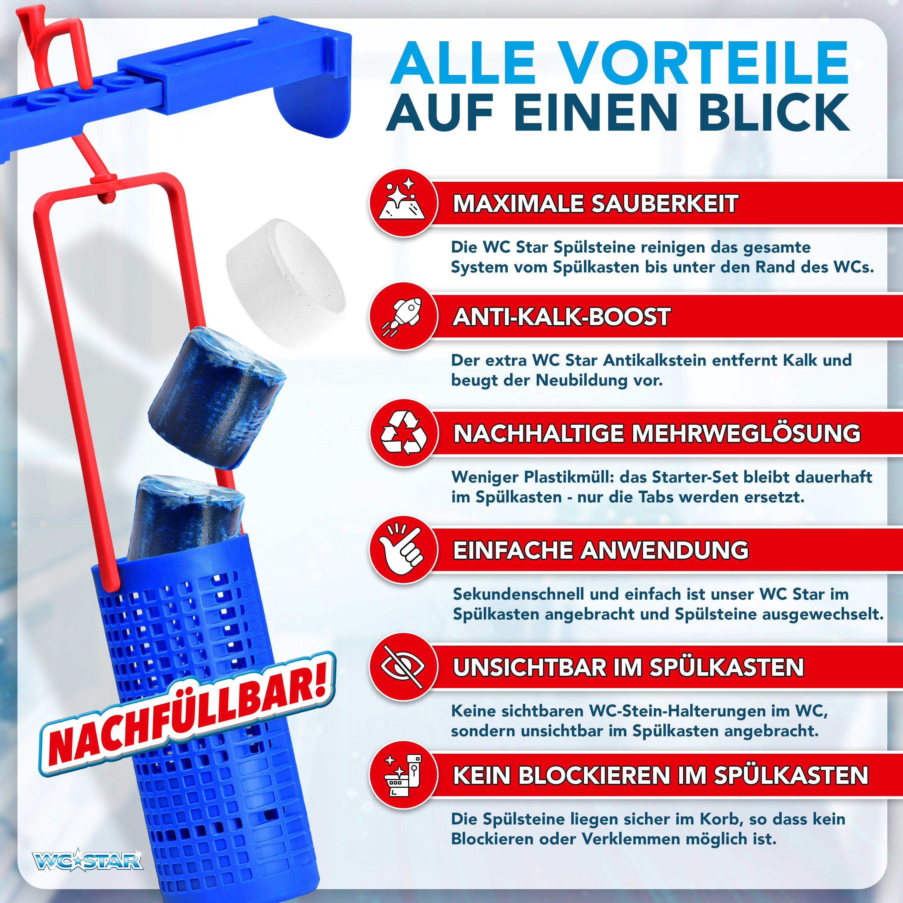 WC-Star Nachfüll-Set (8x Spülkasten-Tab + 4x Antikalk-Tab) für langanhaltende Frische, Sauberkeit und effektiven Anti-Kalk-Schutz im Spülkasten.