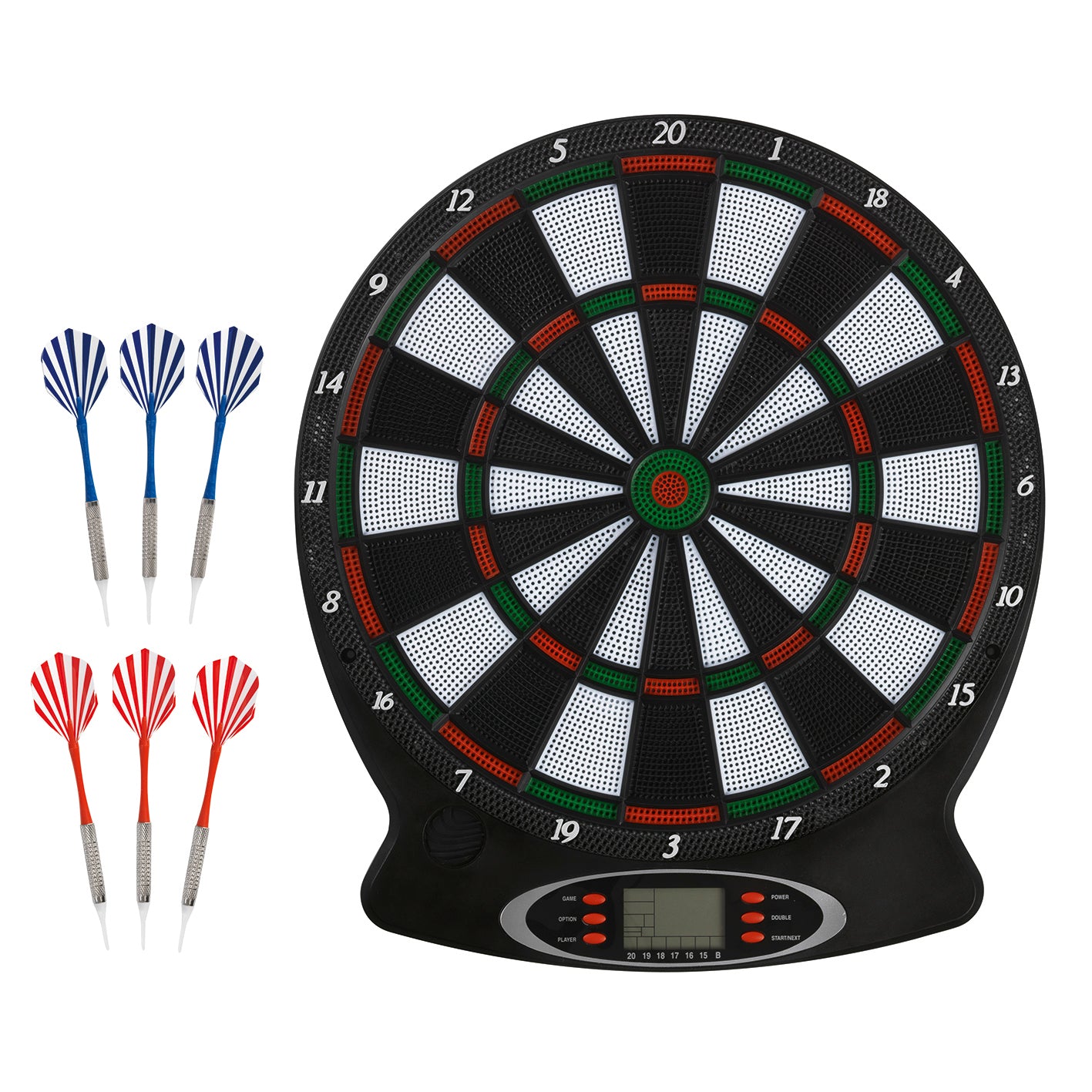 Dartscheibe mit 6 Pfeilen und 6 Ersatzspitzen + Batterien, elektrisch mit LCD-Anzeige und Soundeffekten für 1-8 Spieler.