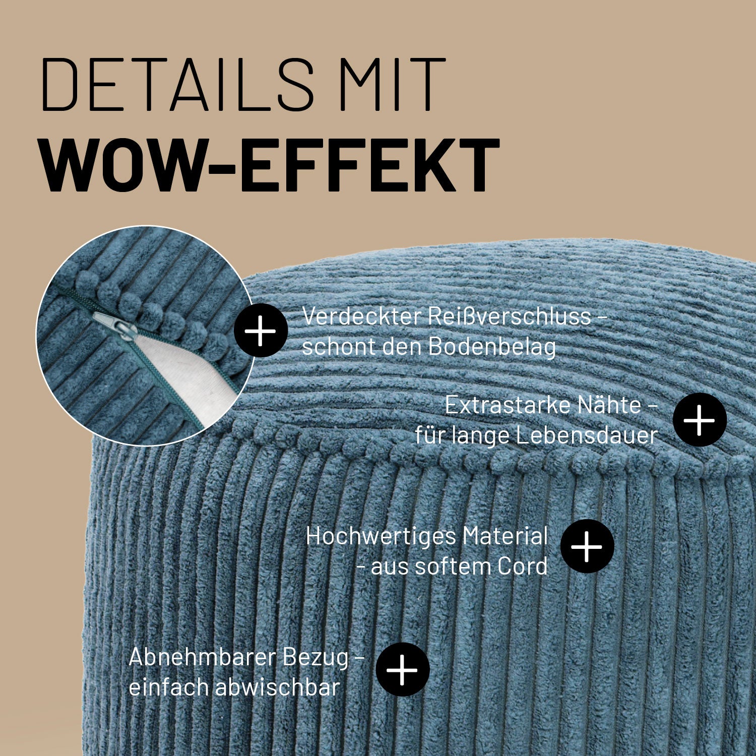 Sitzsack Pouf aus der Cord-Reihe - Navyblau mit verdecktem Reißverschluss, extra starken Nähten und weichem Cordmaterial.