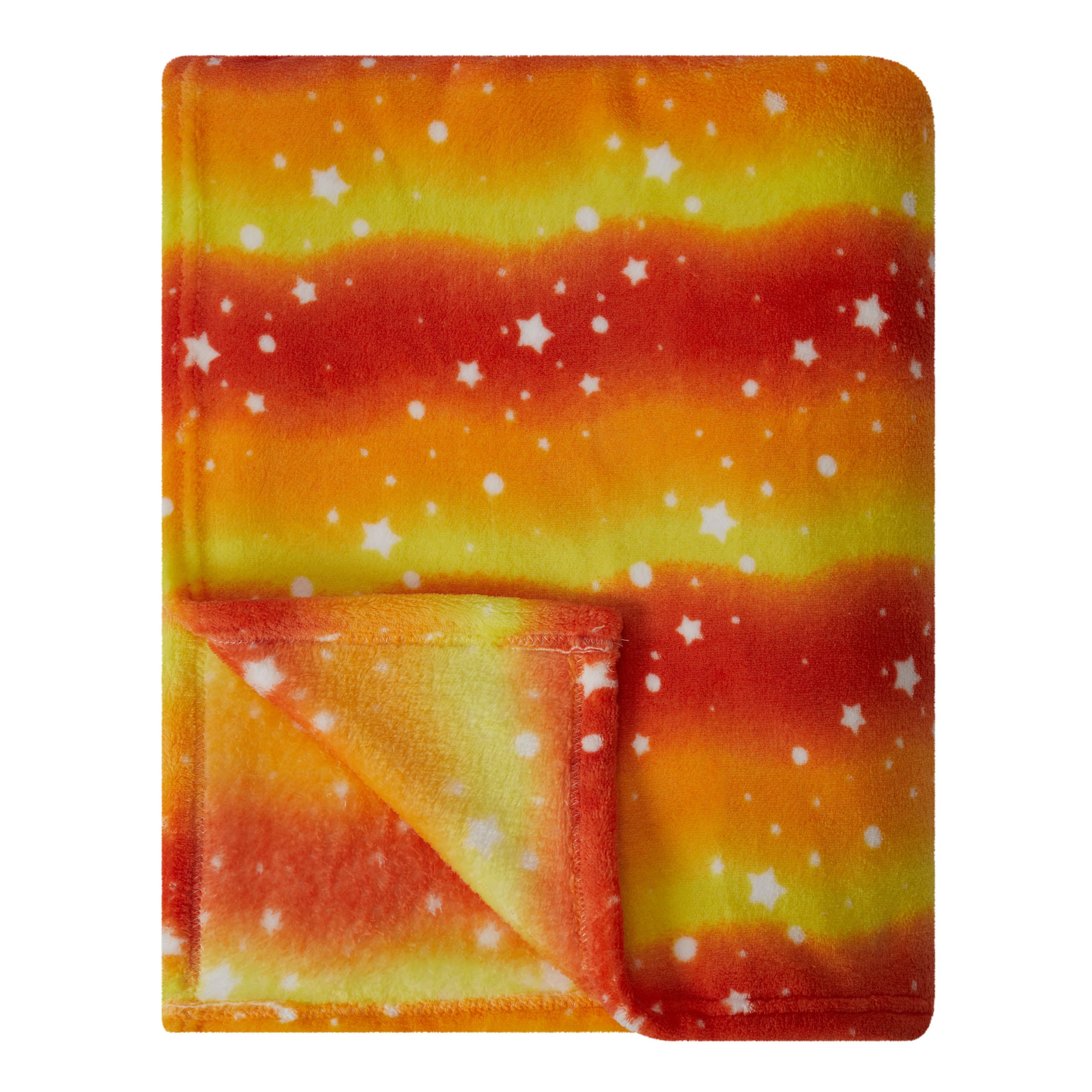 Kuscheldecke für Kinder - 150 x 180 cm - Orange Star aus weichem Coral-Fleece mit buntem Sternen-Regenbogen-Design, kuschelig und pflegeleicht.