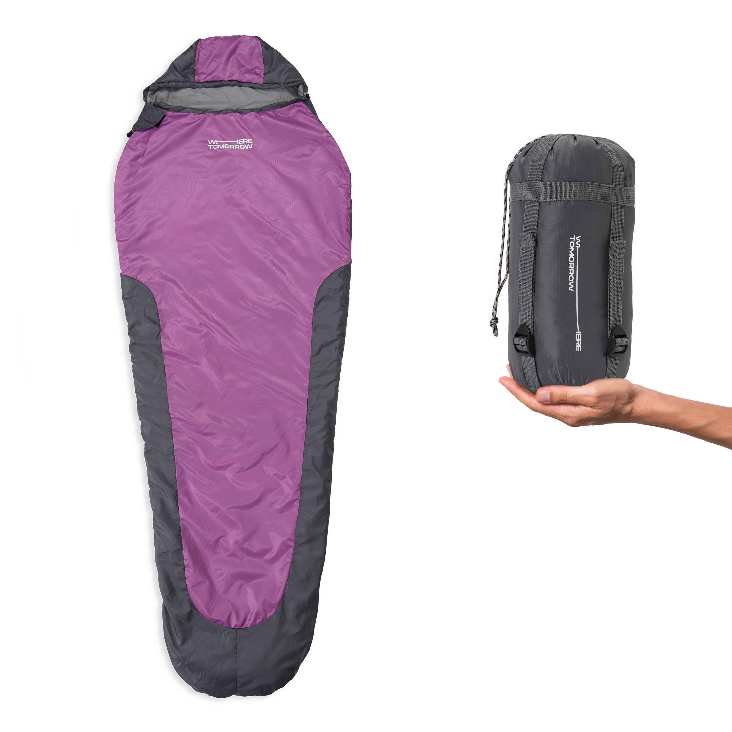 Camping Schlafsack Small & Light - Mumienschlafsack mit Tasche - 220 x 80 x 50 cm - Grau-Lila