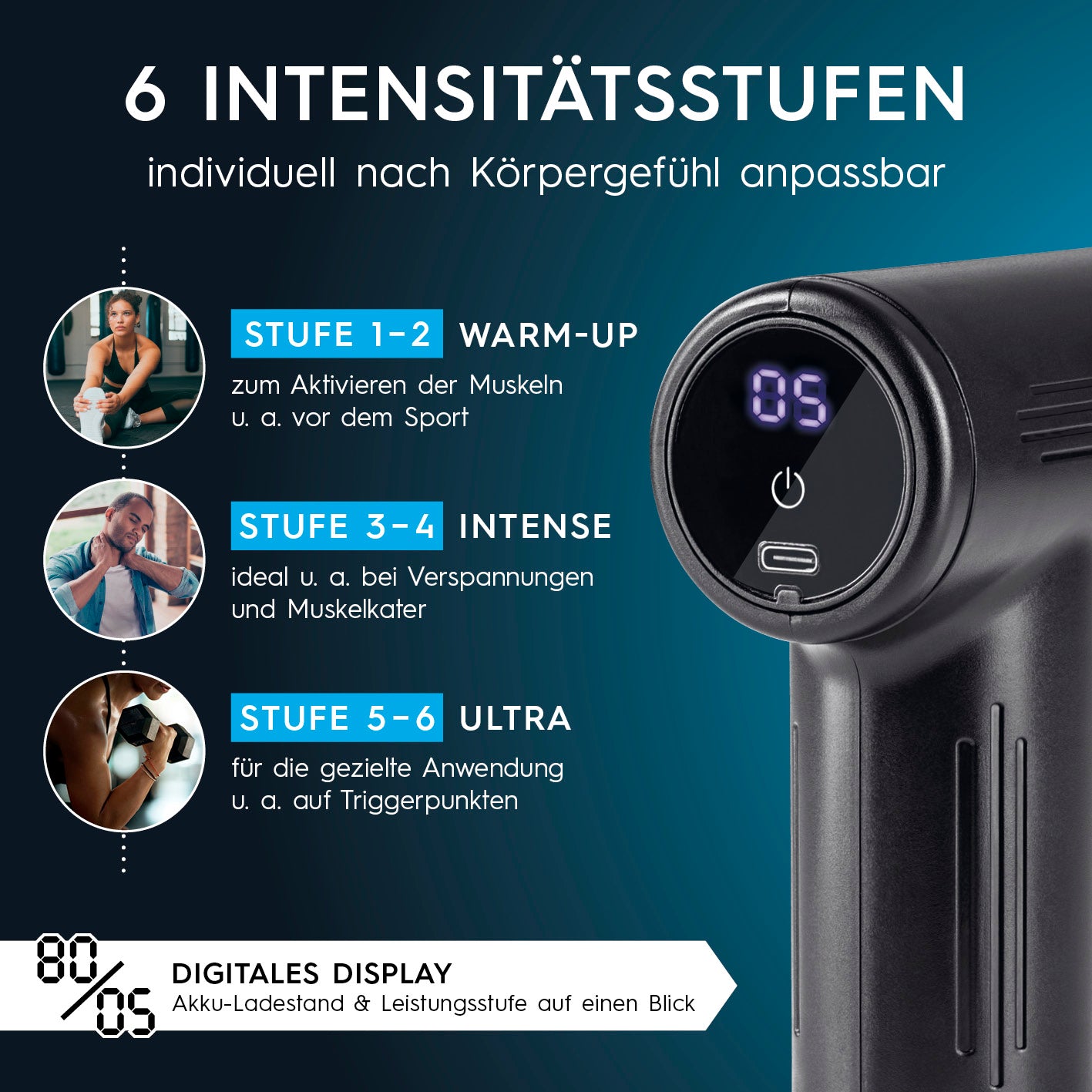 Massagegerät Mini-Gun schwarz/silber mit 6 Intensitätsstufen, digitalem Display und Akku für vielseitige Muskelbehandlung.