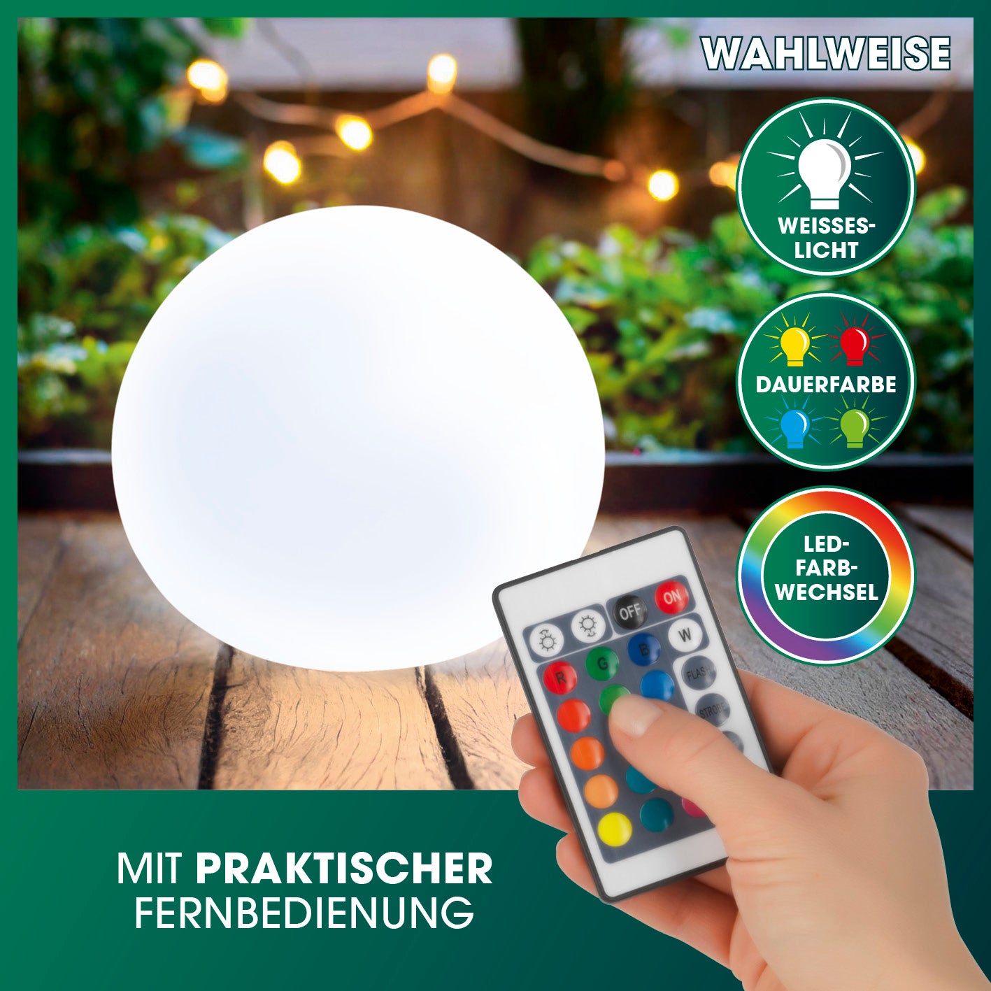 Solar-Dekokugel mit Farbwechsel - 4er-Set mit Fernbedienung für stimmungsvolle Farblicht- und Weißlicht-Einstellungen im Gartenbereich.