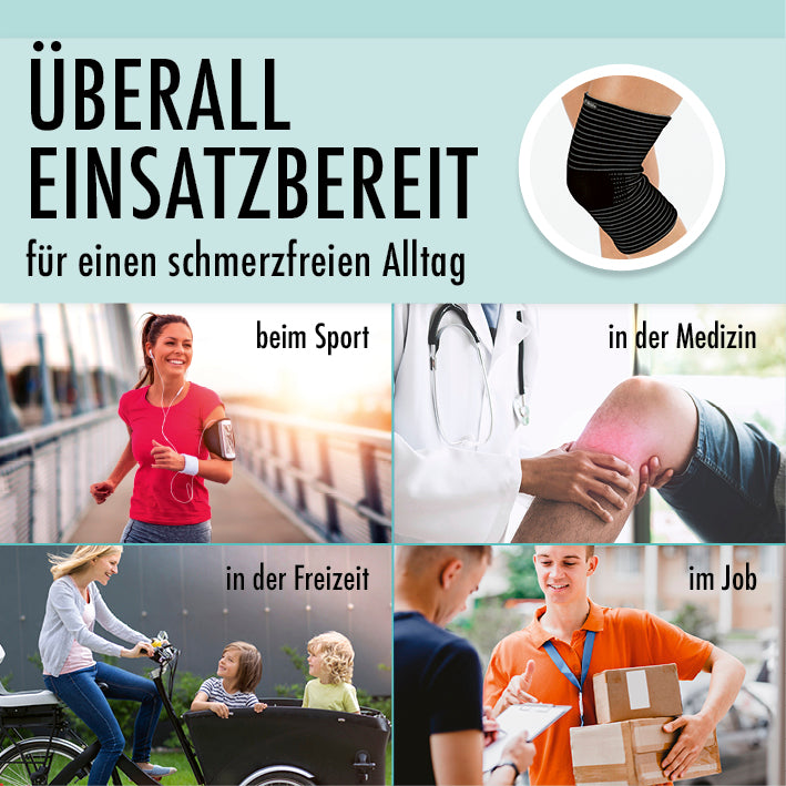 Knie-Bandage mit Kupferfasern und Carbon für optimale Stabilität und Unterstützung im Alltag, Sport, Freizeit, Job und Medizin.