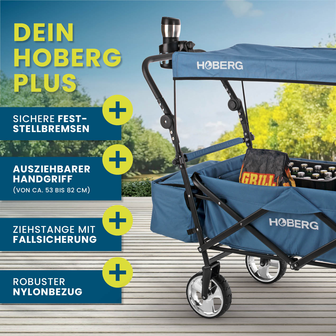 Faltbarer Bollerwagen - Blau von HOBERG mit stabilem Nylonbezug, ausziehbarem Griff und sicherer Fallsicherung für Outdoor-Ausflüge.