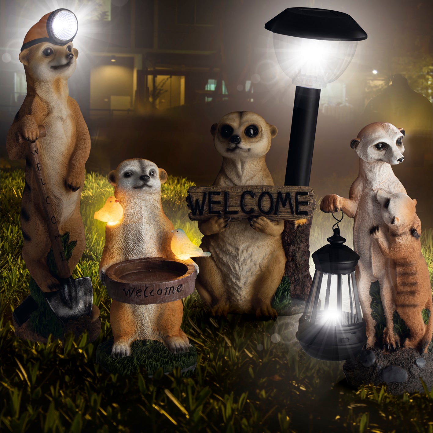 Solarleuchte Erdmännchen mit Laterne/Schild, detailgetreu, solarbetrieben, LED-Licht, mit "Welcome"-Schild und Dämmerungssensor.