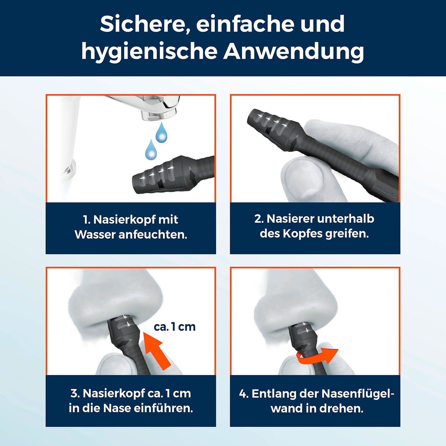 Pro Nasenhaartrimmer - Nasierer 2.0 - 2er-Set zeigt sichere, hygienische Anwendung und Schritt-für-Schritt Anleitung zur Nasenhaarpflege.