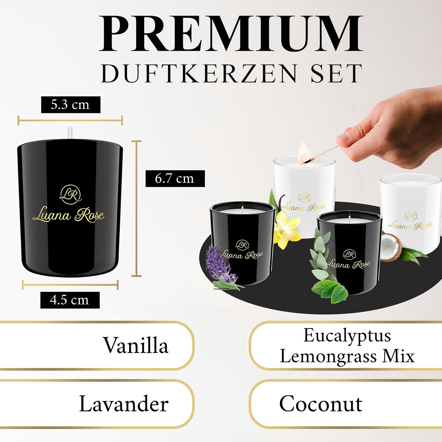 Duftkerzen Geschenkset - 4er-Set mit Lavendel, Eucalyptus Lemongras, Vanille & Kokosnuss, 100% Sojawachs, 40 Std. Brenndauer.