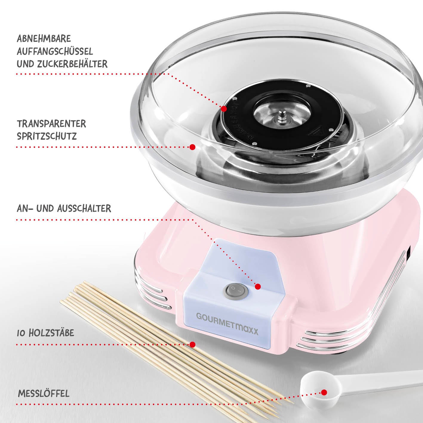 Zuckerwatte-Maschine - rosa mit abnehmbarer Auffangschüssel, transparentem Spritzschutz, Holstäben und Messlöffel im Retro-Design