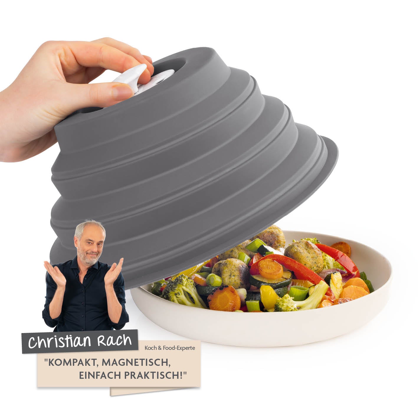 Faltbare Mikrowellenhaube mit Magnet von KitchBo, platzsparend, zusammenklappbar und mit Lüftungssystem für sauberes Erwärmen.