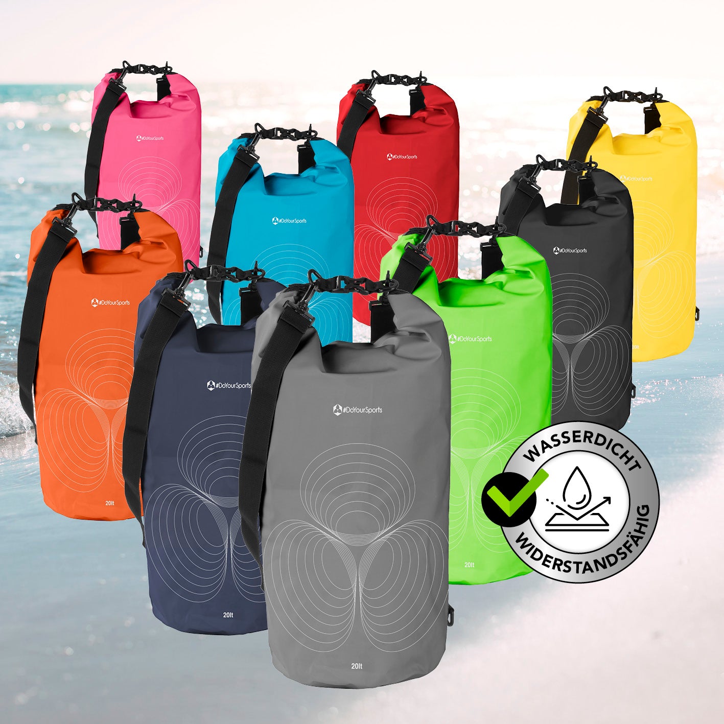 Dry Bag 20L - Grau wasserdichter und robuster Rucksack mit Rolltop-Verschluss und UV-Schutz für Outdoor-Abenteuer.