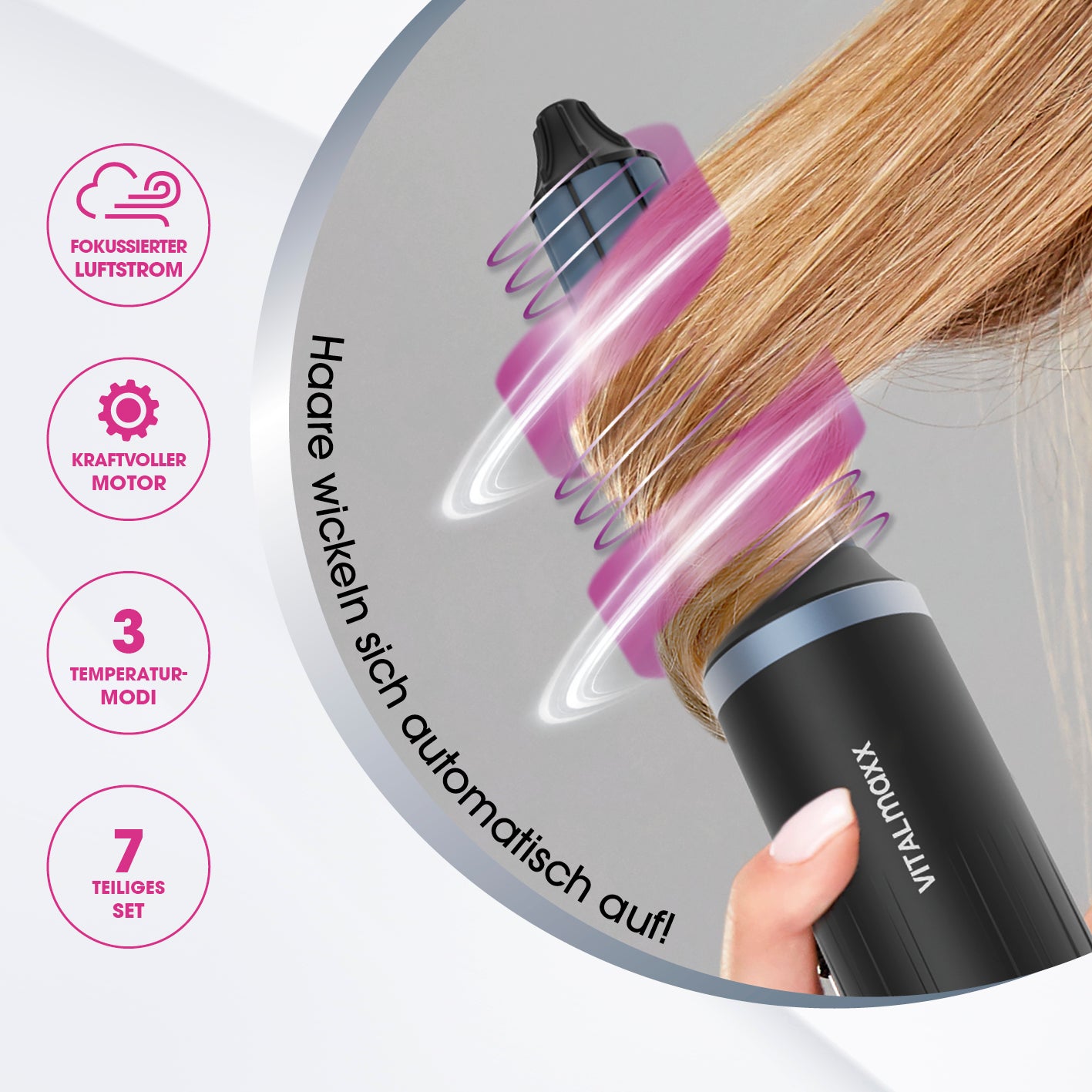 Air Styler Plus - 7-tlg. Set mit automatisch aufwickelndem Haarstyler, kraftvollem Motor und 3 Temperaturmodi für perfektes Styling.