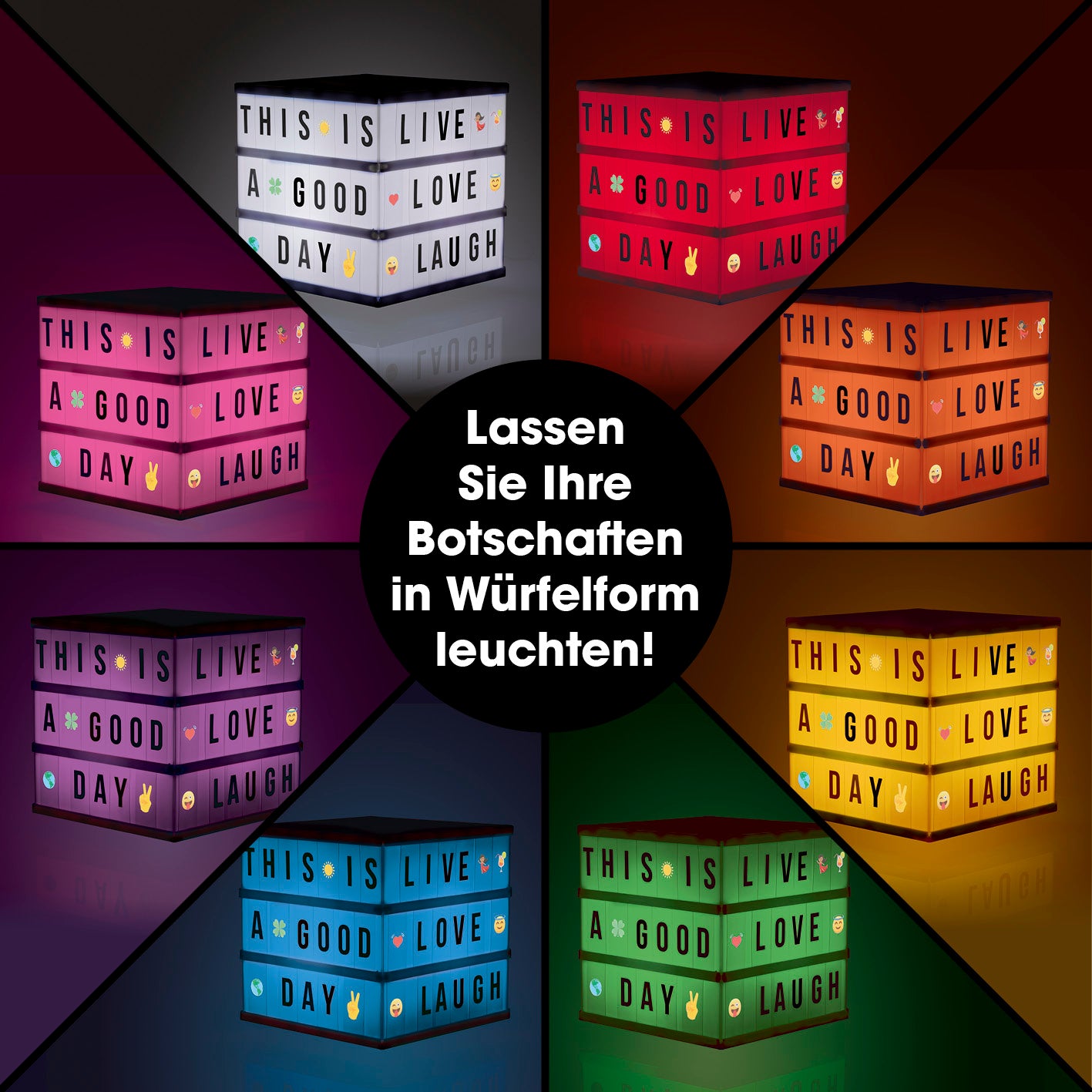 LED-Leuchtkasten Würfel - 173 Buchstaben & 150 Moodjis in sieben Farben, individuell beleuchtbar für kreative Textbotschaften und Dekoration.