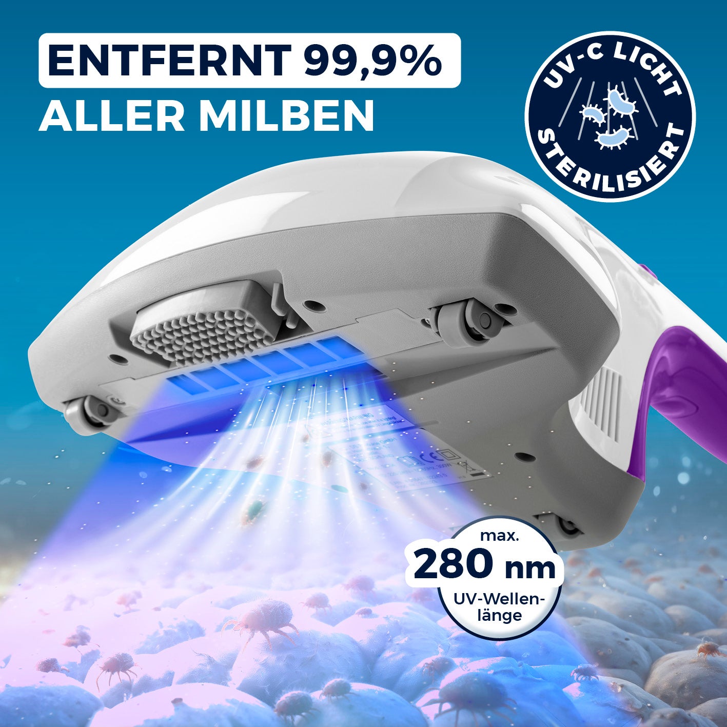 Milbensauger Vibration - Weiß/Lila mit UV-C-Licht entfernt 99,9% Milben und Bakterien auf Matratzen und Textilien.